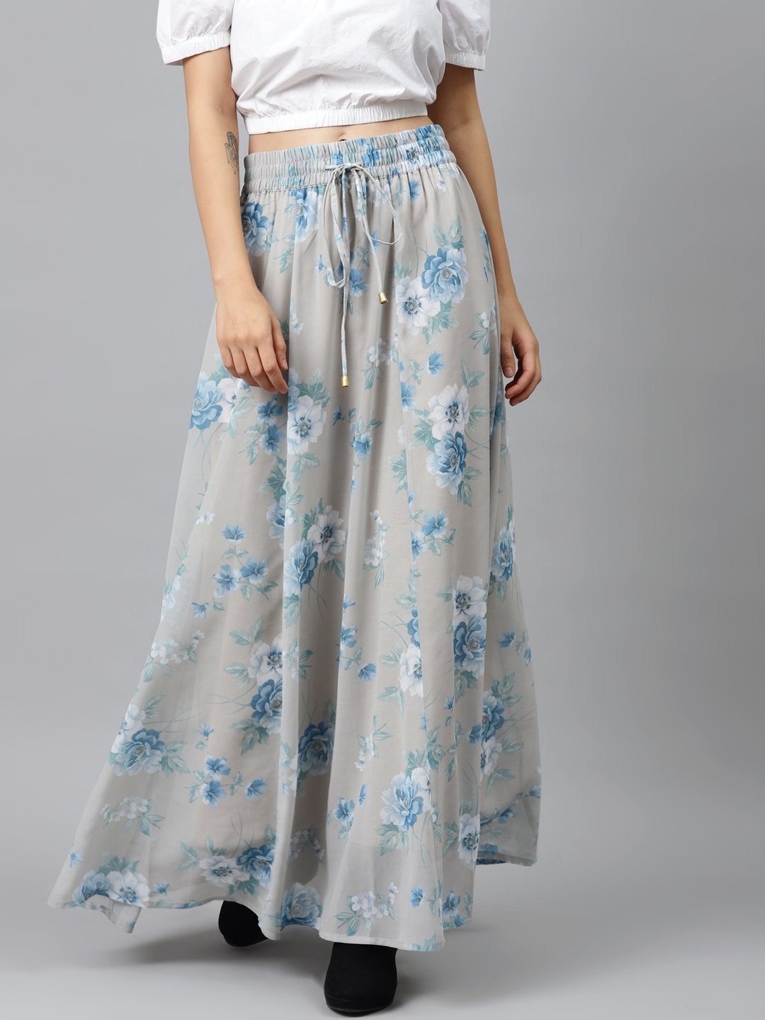 Women's Olive Floral Flared Maxi Skirt - SASSAFRAS