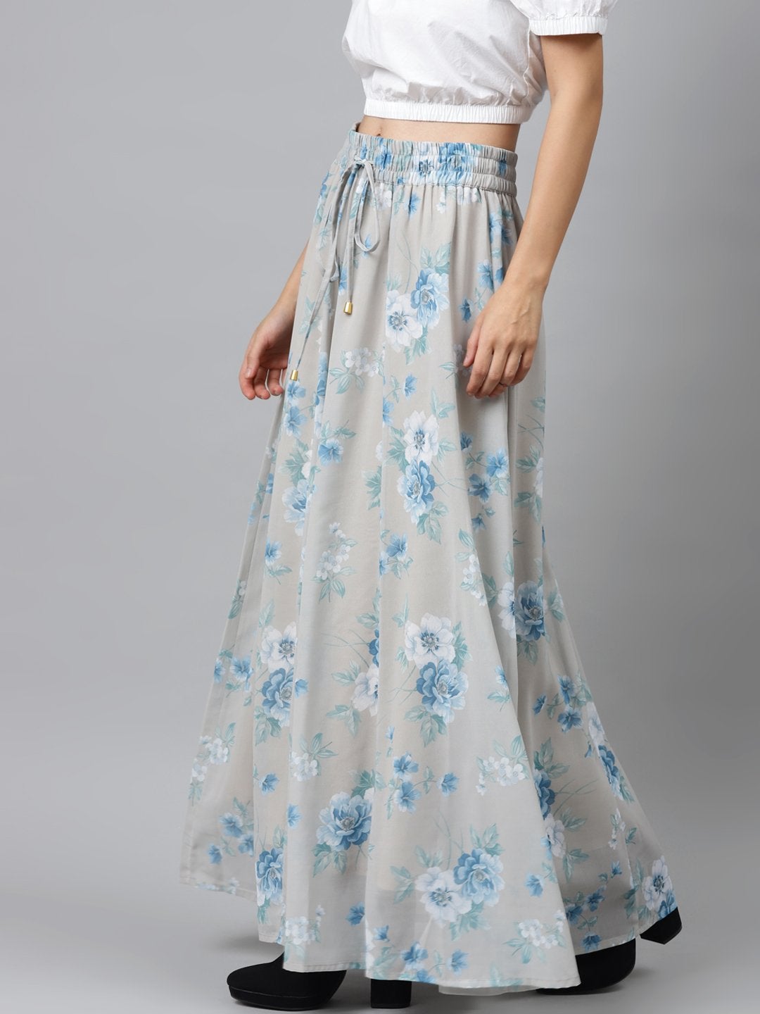 Women's Olive Floral Flared Maxi Skirt - SASSAFRAS