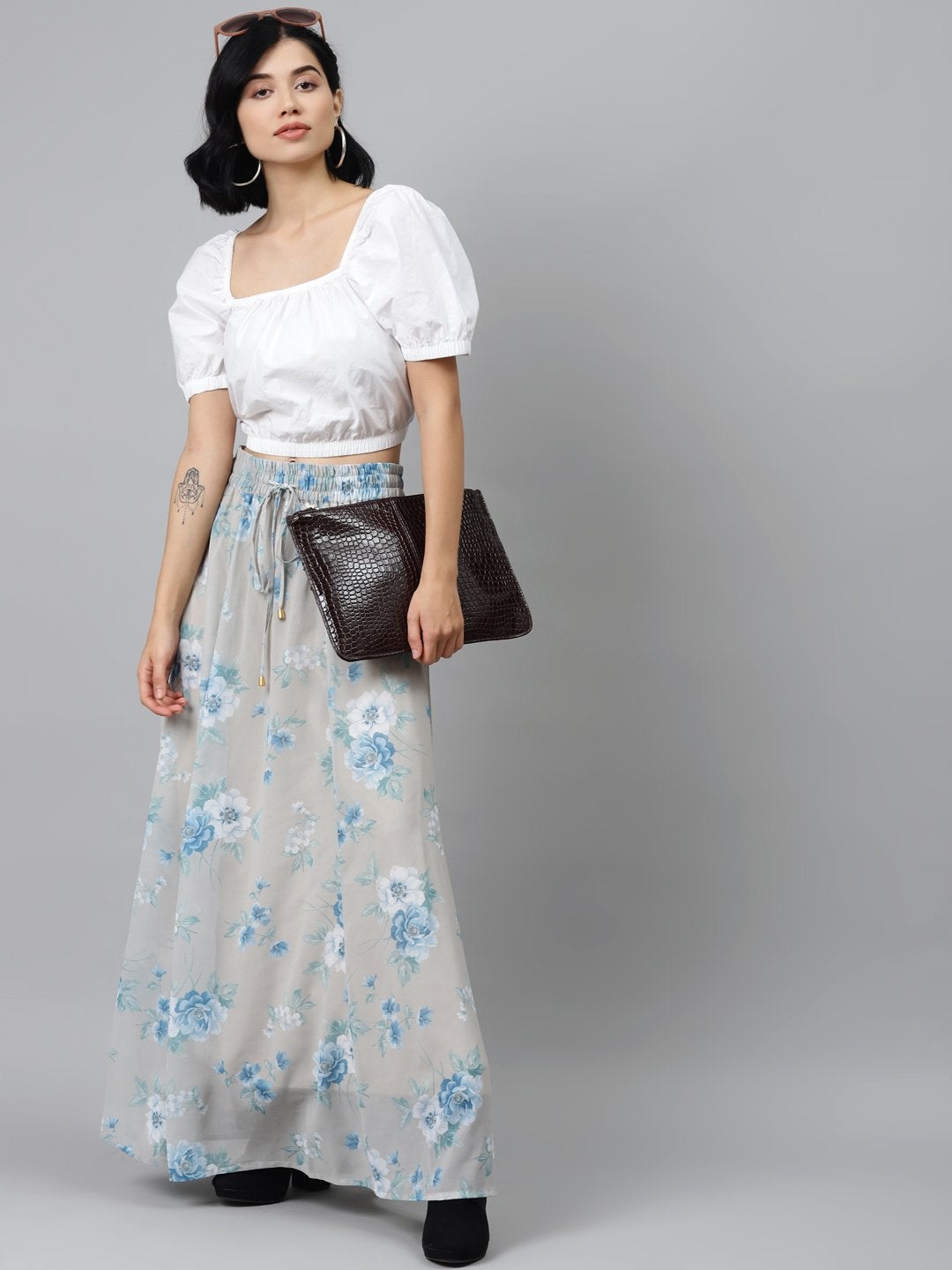 Women's Olive Floral Flared Maxi Skirt - SASSAFRAS