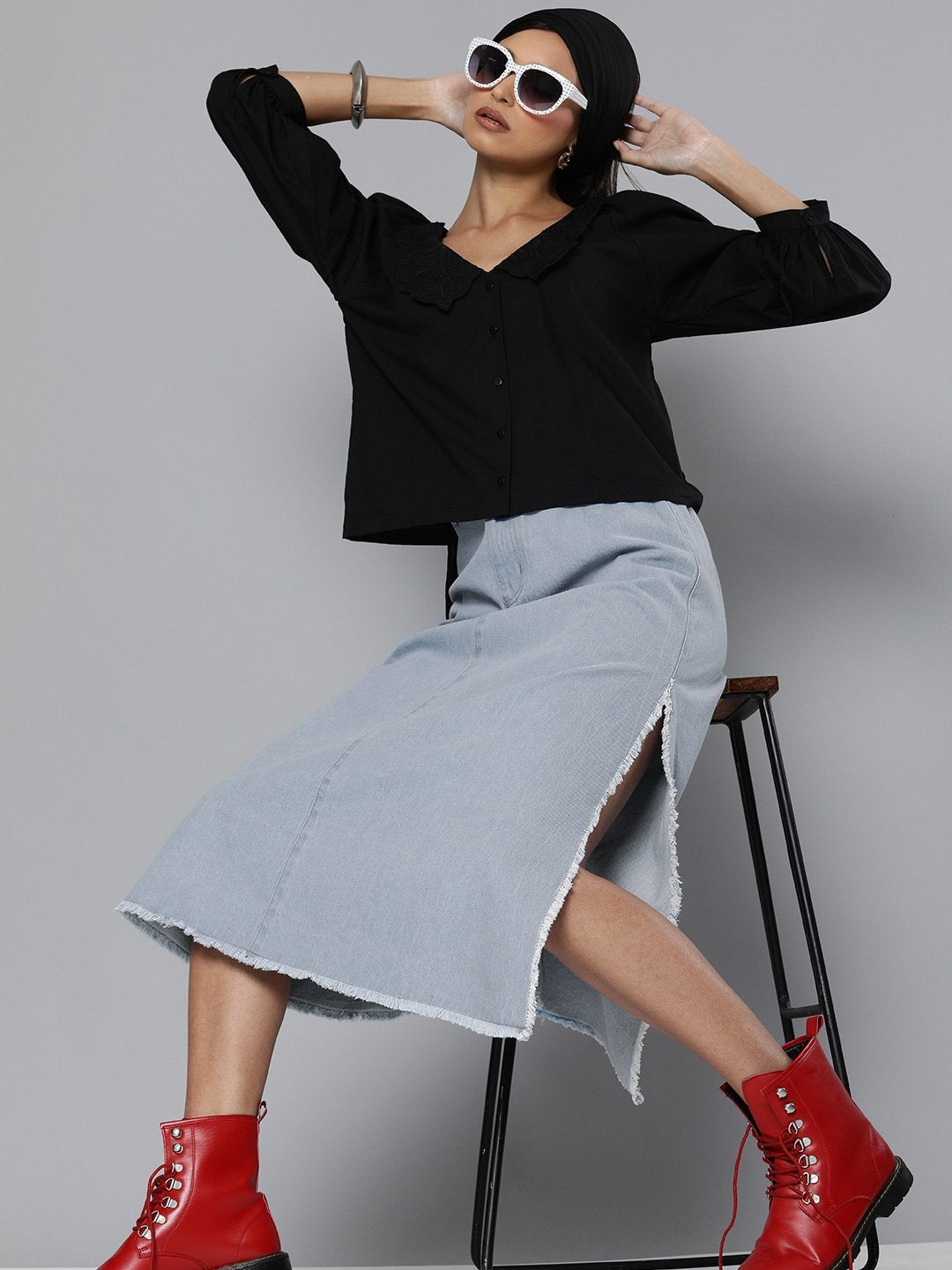 Women's Blue Denim Asymmetrical Skirt - SASSAFRAS