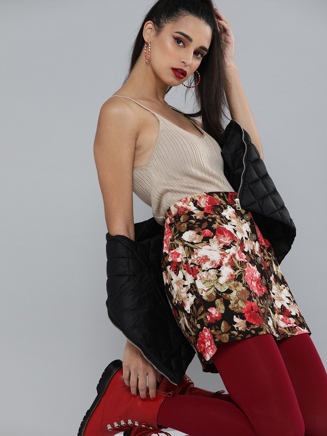 Women's Red Floral Front Button Mini Skirt - SASSAFRAS