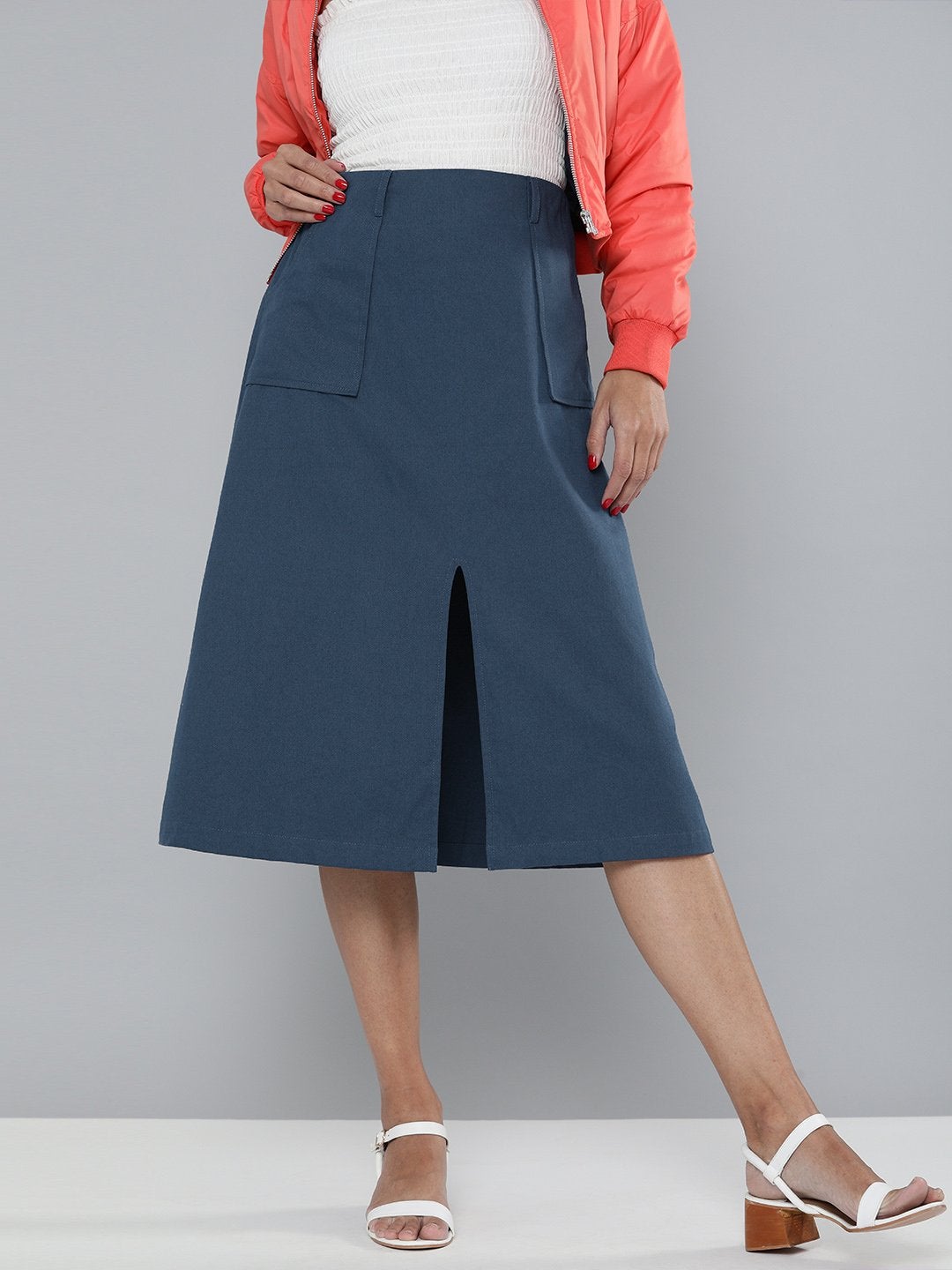 Women's Navy Front Slit A-Line Skirt - SASSAFRAS