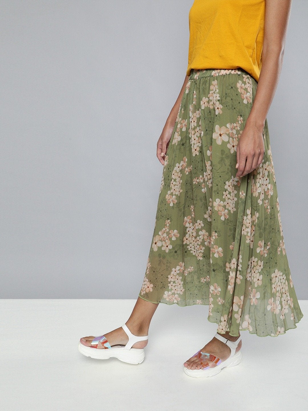 Women's Olive Floral Pleated Midi Skirt - SASSAFRAS