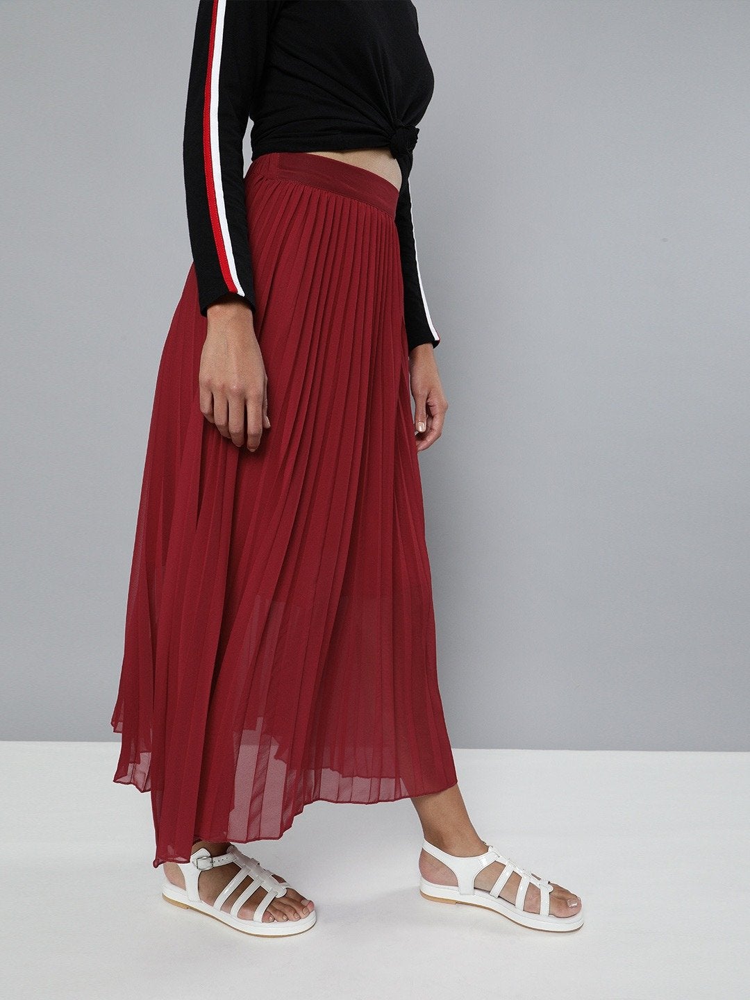 Women's Red Pleated Maxi Skirt - SASSAFRAS