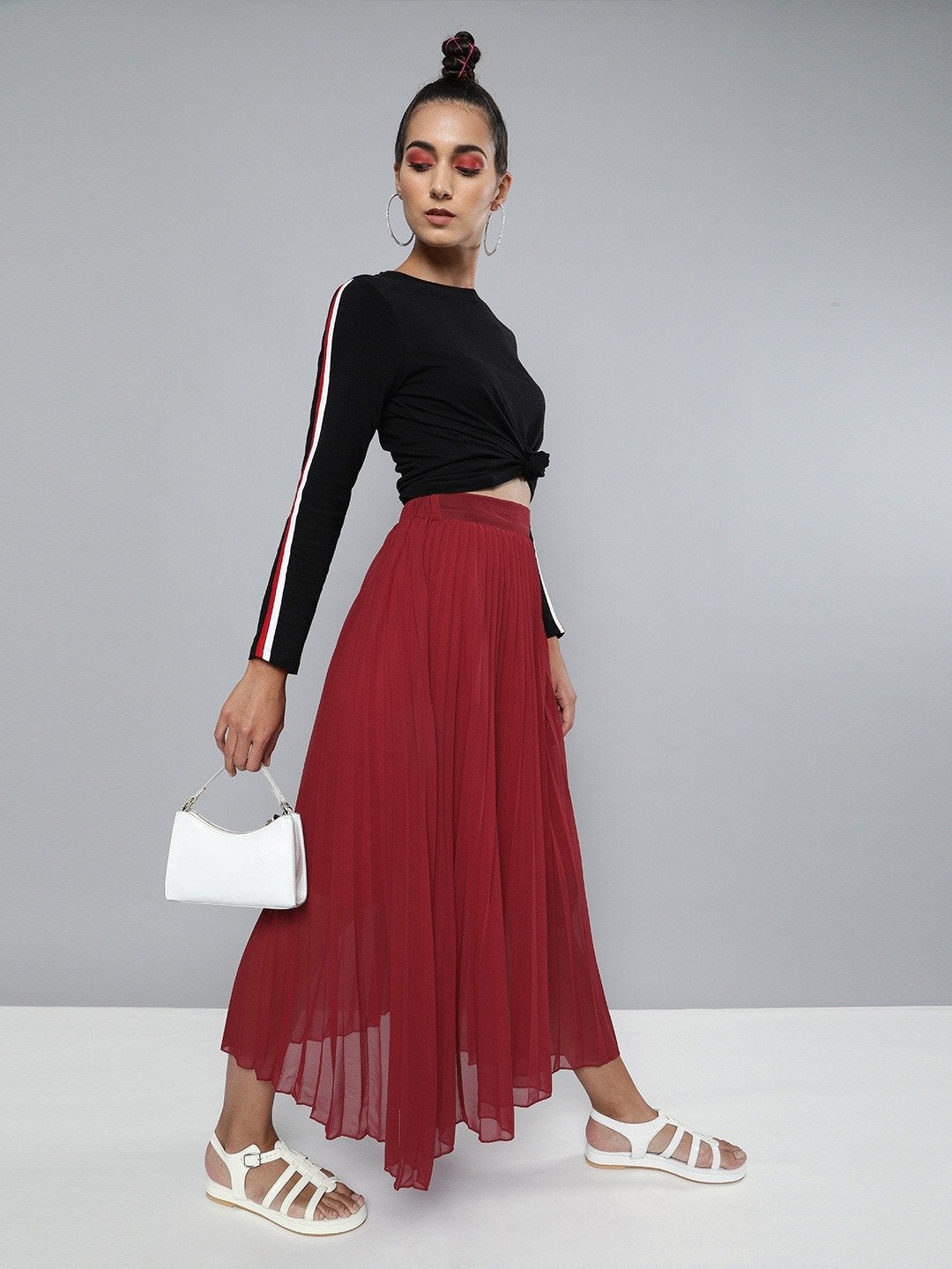 Women's Red Pleated Maxi Skirt - SASSAFRAS