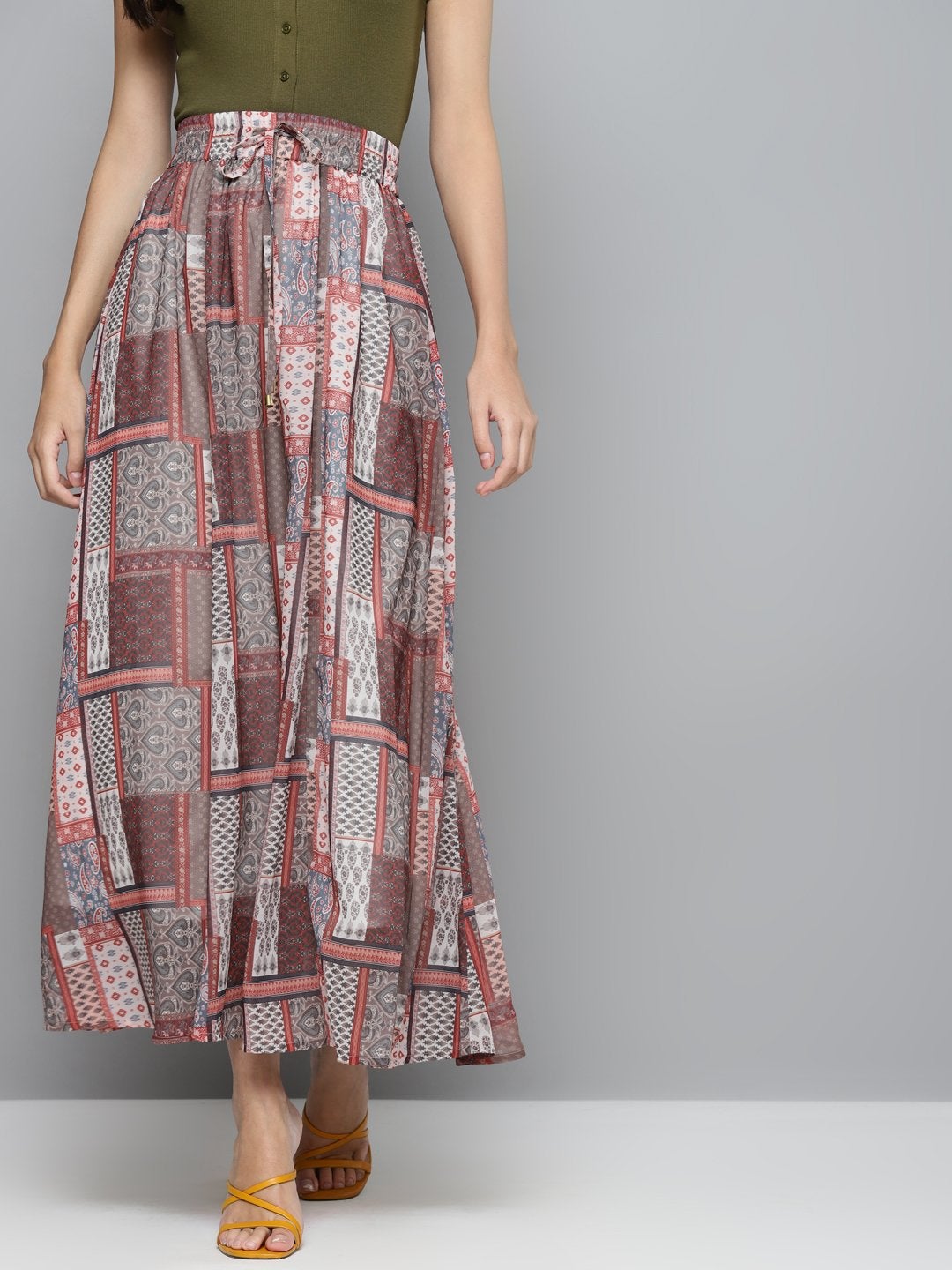 Women's Brown Patch Print Flared Maxi Skirt - SASSAFRAS