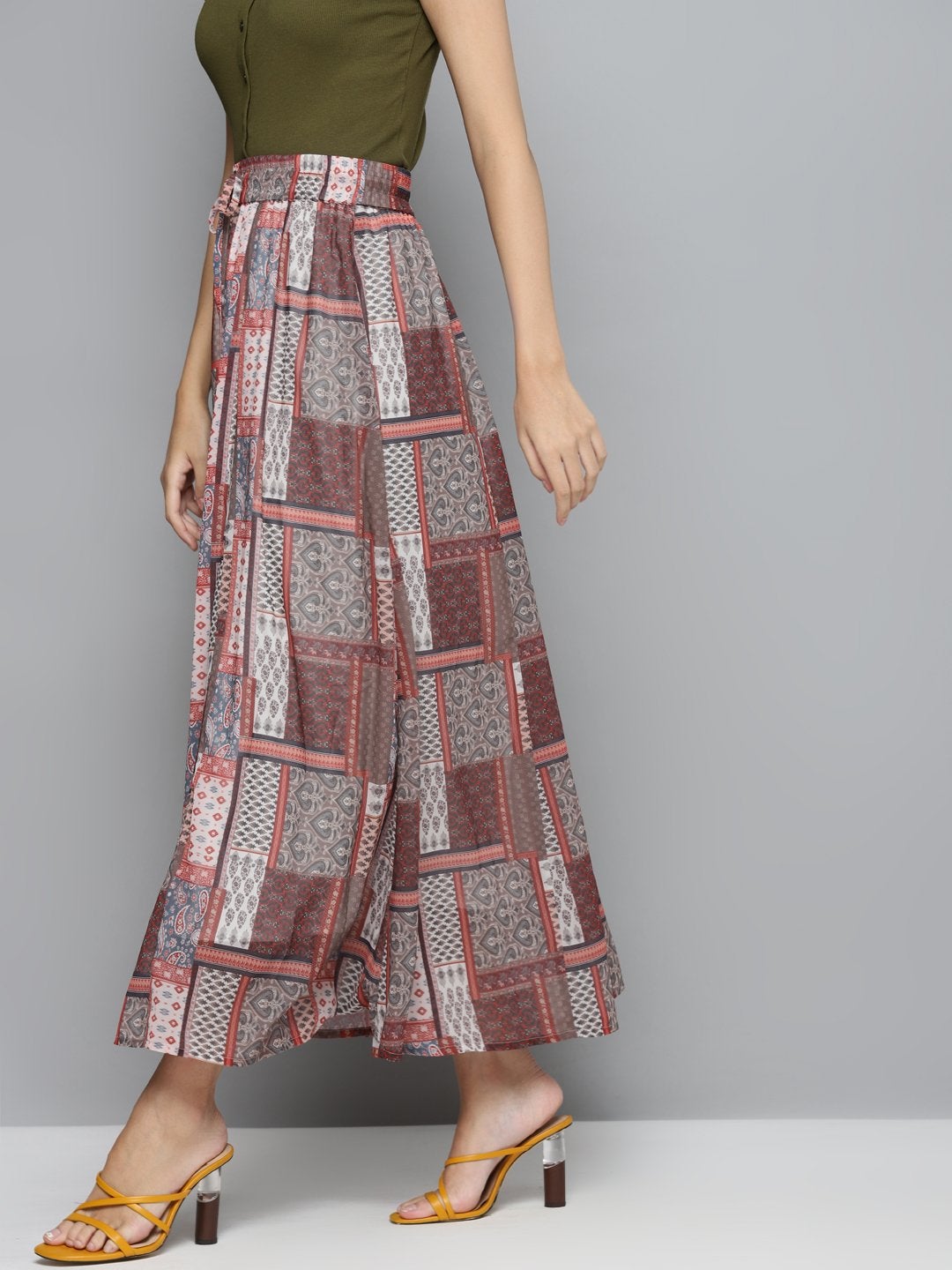 Women's Brown Patch Print Flared Maxi Skirt - SASSAFRAS