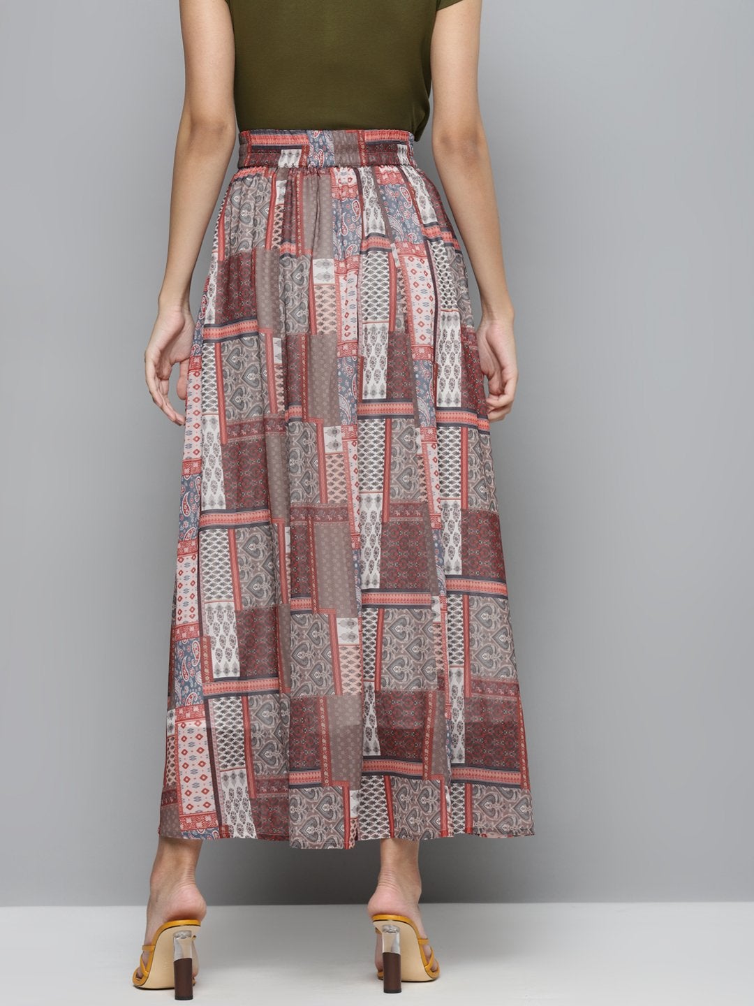 Women's Brown Patch Print Flared Maxi Skirt - SASSAFRAS