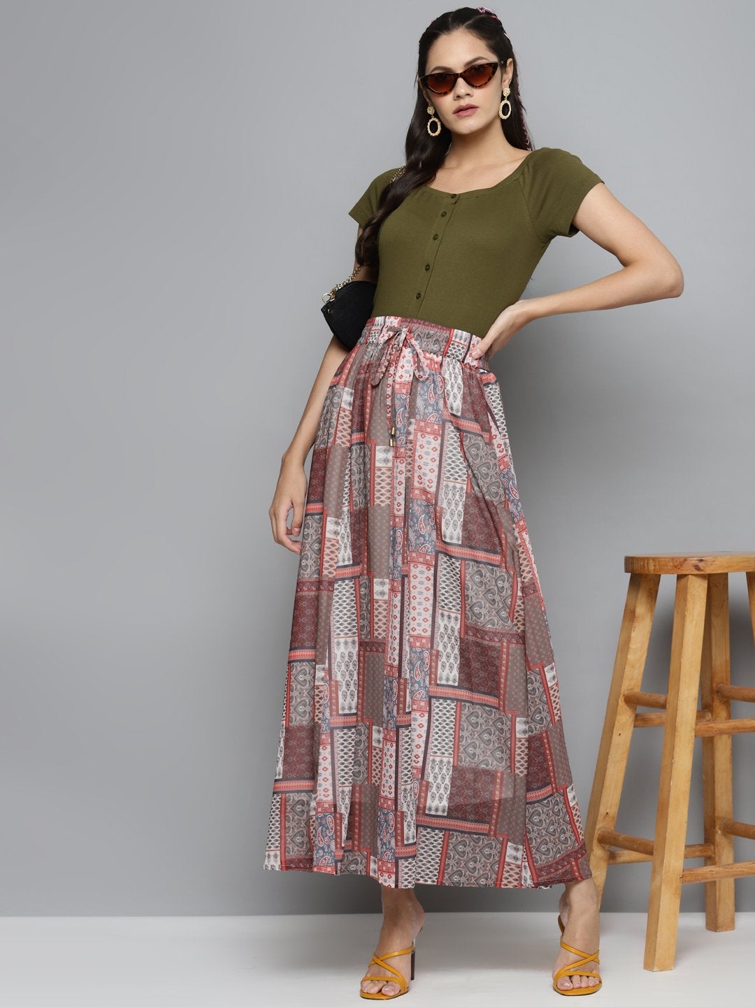 Women's Brown Patch Print Flared Maxi Skirt - SASSAFRAS