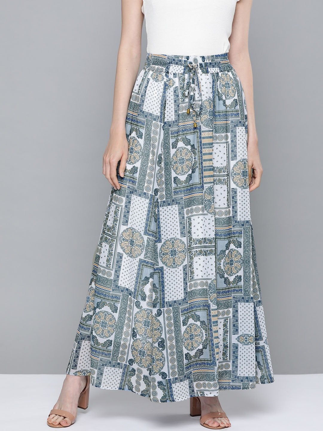 Women's Blue Patch Print Flared Maxi Skirt - SASSAFRAS