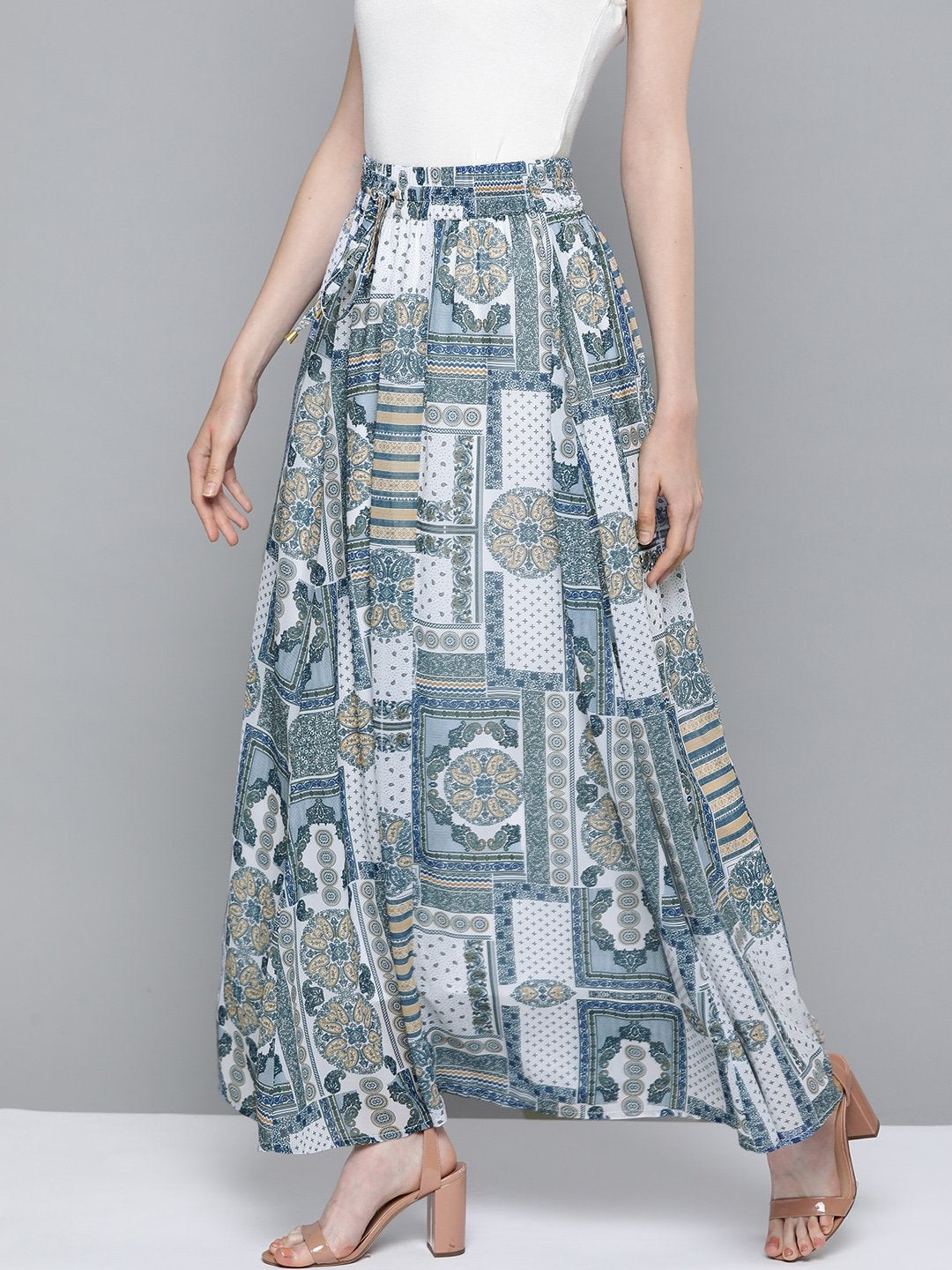 Women's Blue Patch Print Flared Maxi Skirt - SASSAFRAS