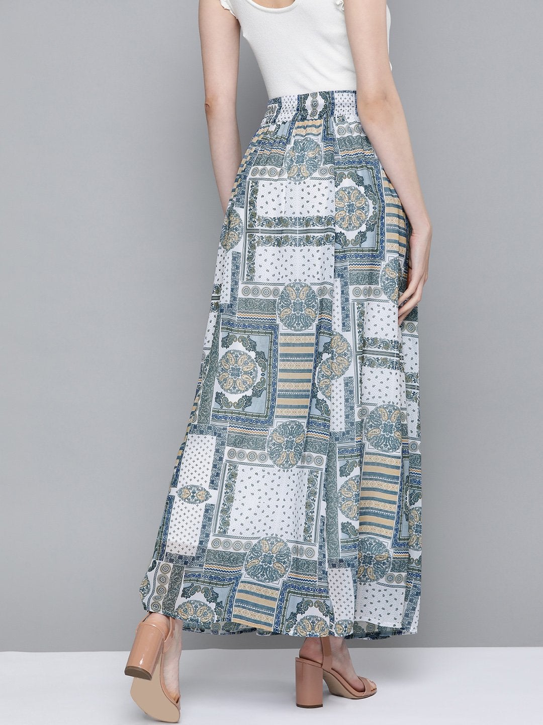 Women's Blue Patch Print Flared Maxi Skirt - SASSAFRAS