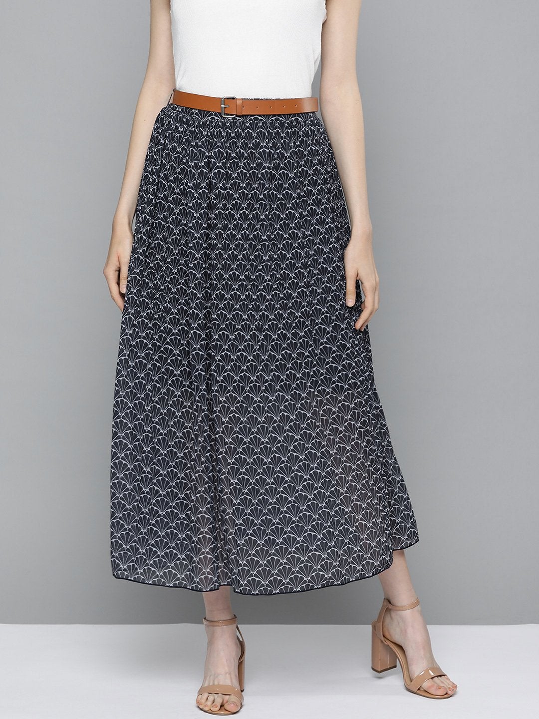 Women's Navy Floral Geo Print Belted Skirt - SASSAFRAS