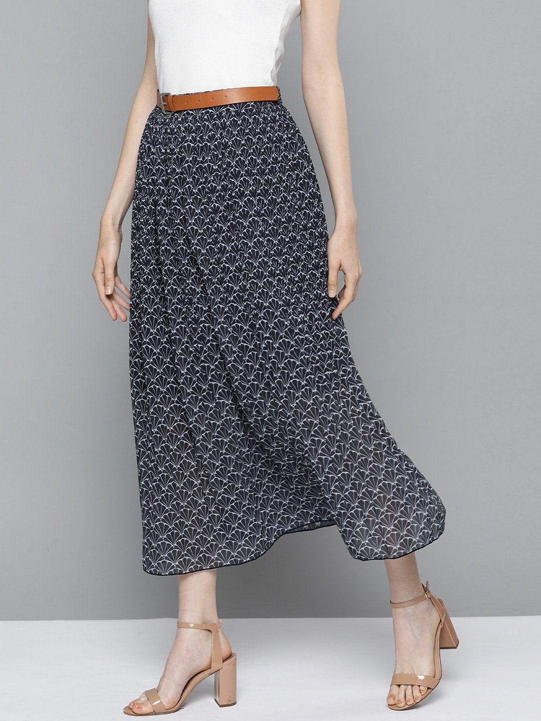 Women's Navy Floral Geo Print Belted Skirt - SASSAFRAS