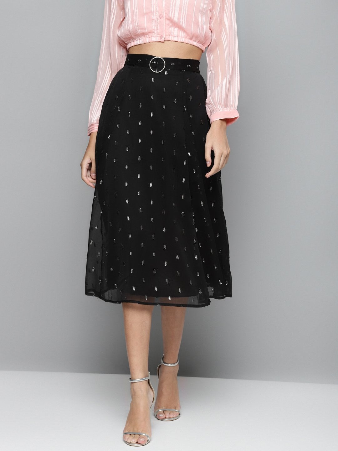 Women's Black Lurex Midi Skirt - SASSAFRAS