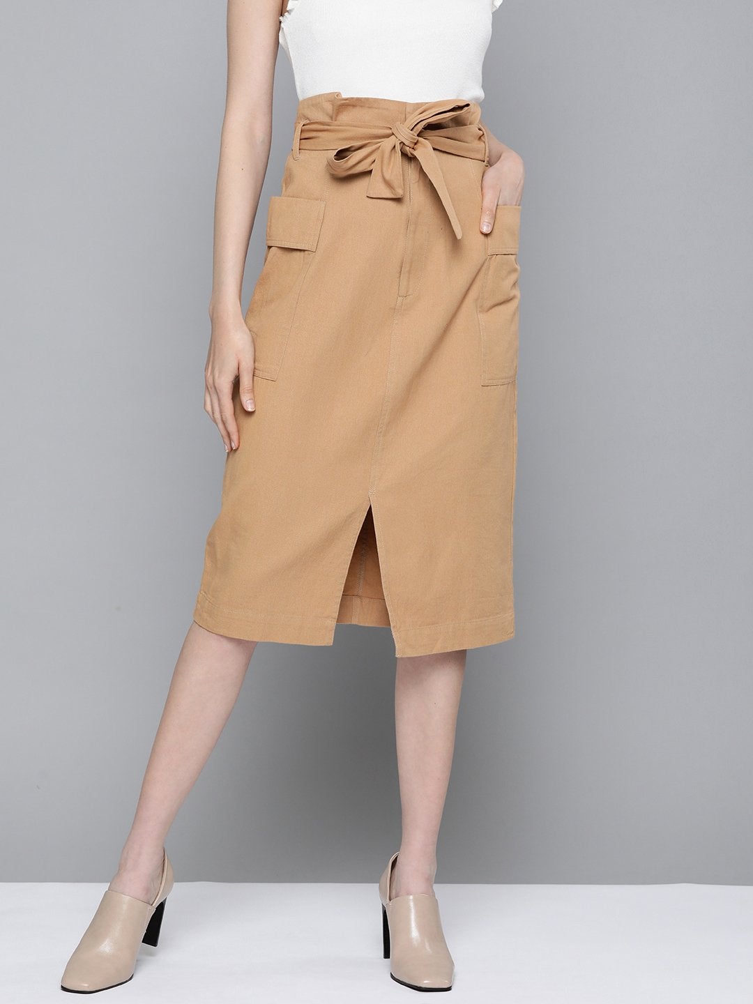 Women's Beige Paper Bag Waist Twill Skirt - SASSAFRAS