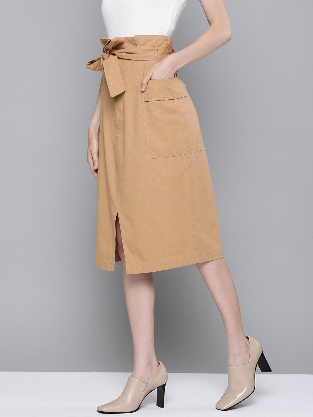 Women's Beige Paper Bag Waist Twill Skirt - SASSAFRAS