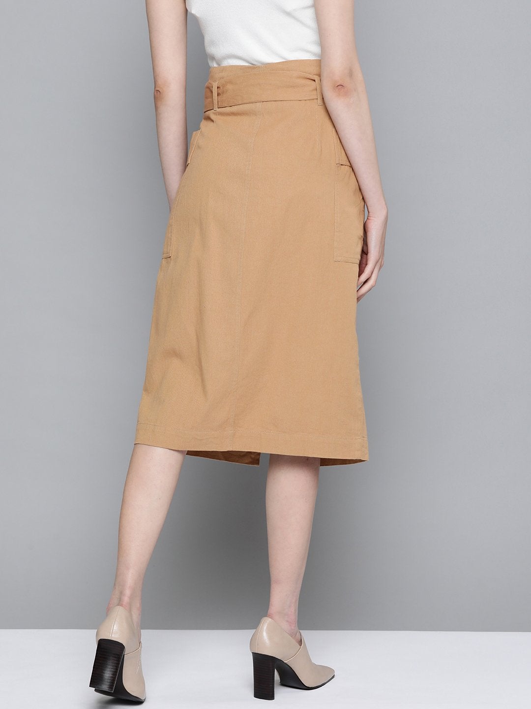 Women's Beige Paper Bag Waist Twill Skirt - SASSAFRAS