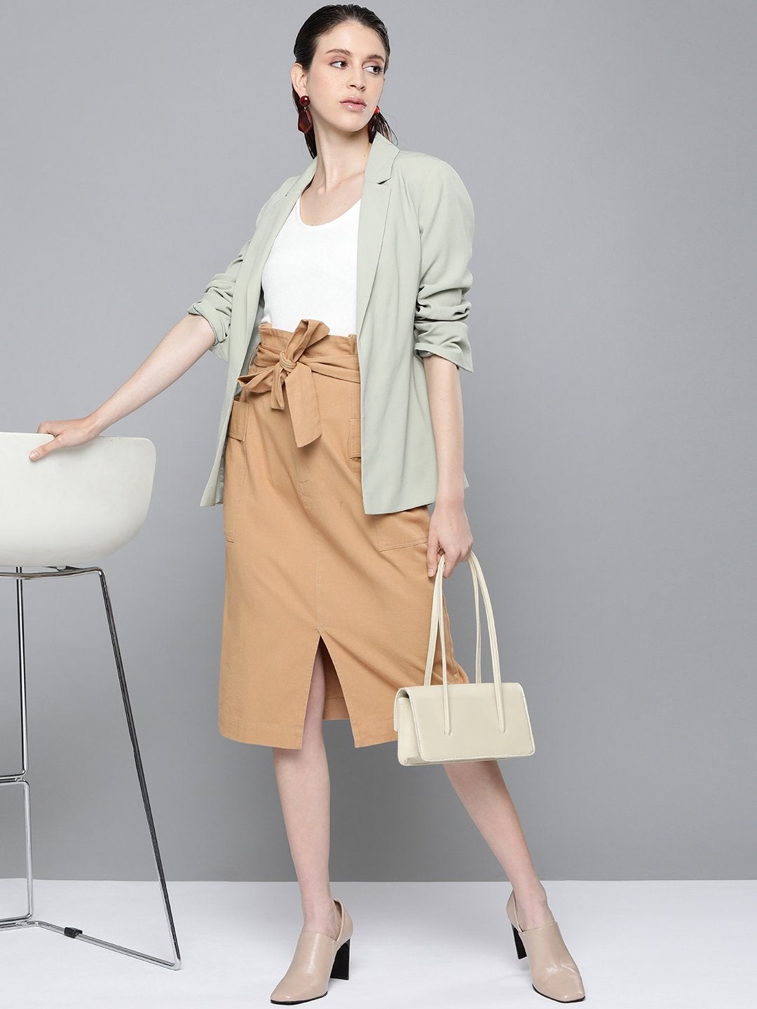 Women's Beige Paper Bag Waist Twill Skirt - SASSAFRAS