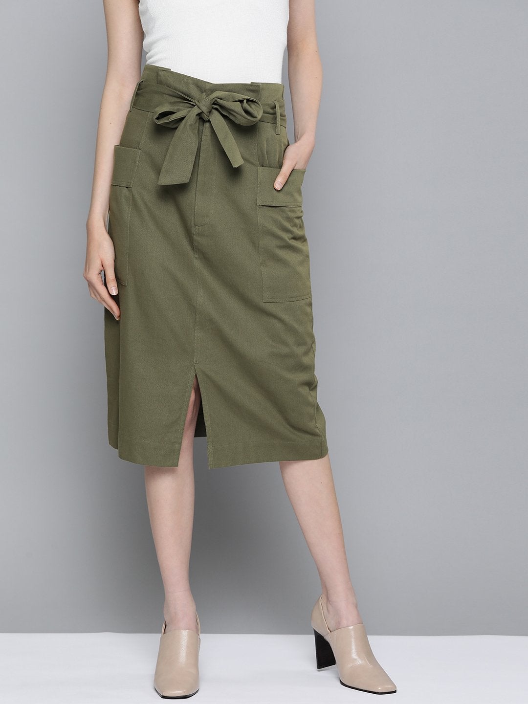 Women's Olive Paper Bag Waist Twill Skirt - SASSAFRAS