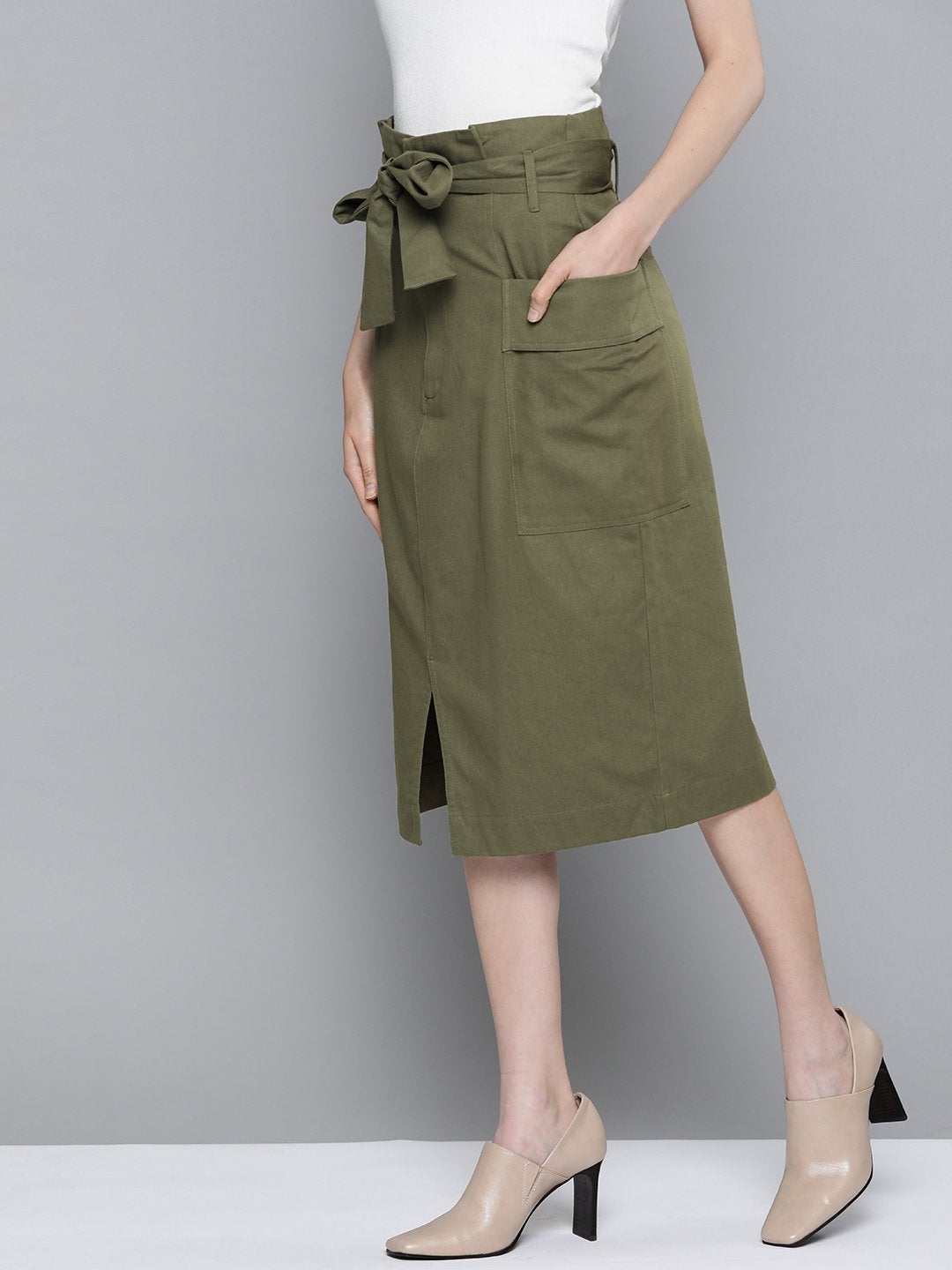 Women's Olive Paper Bag Waist Twill Skirt - SASSAFRAS