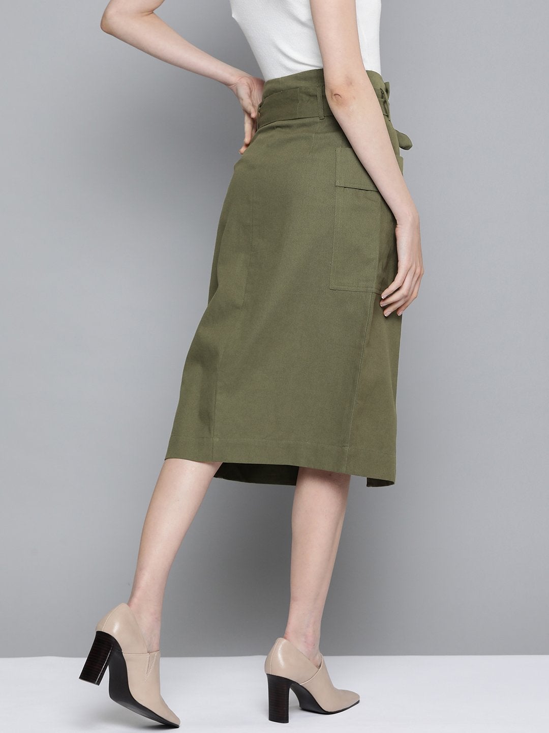 Women's Olive Paper Bag Waist Twill Skirt - SASSAFRAS