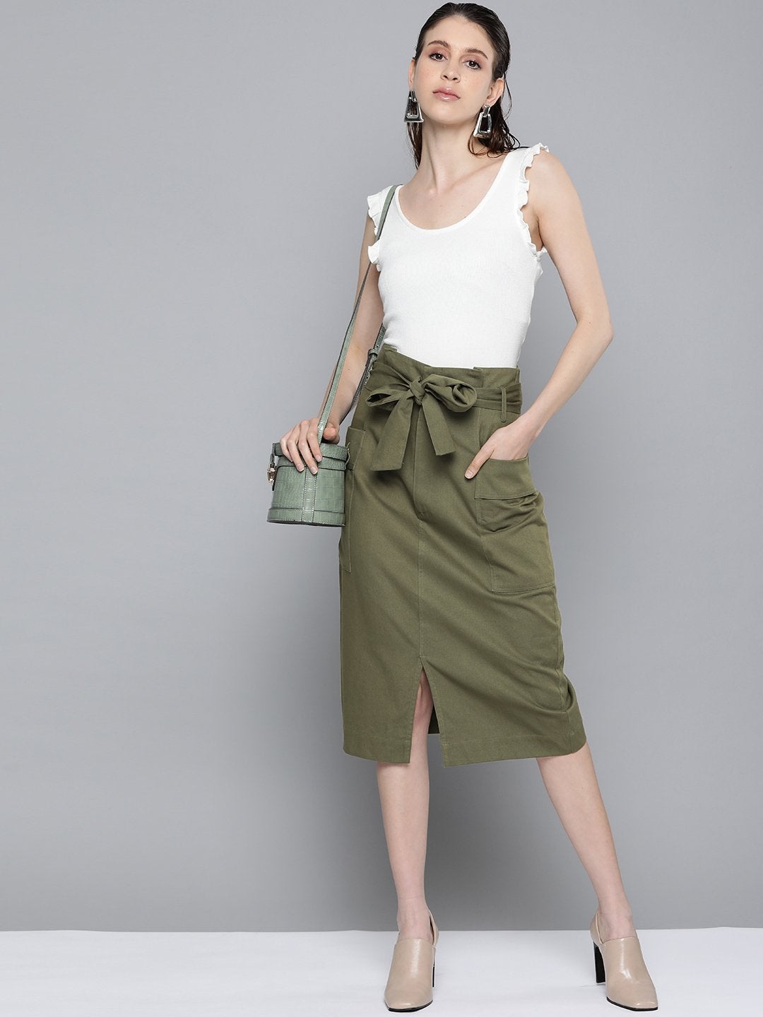 Women's Olive Paper Bag Waist Twill Skirt - SASSAFRAS