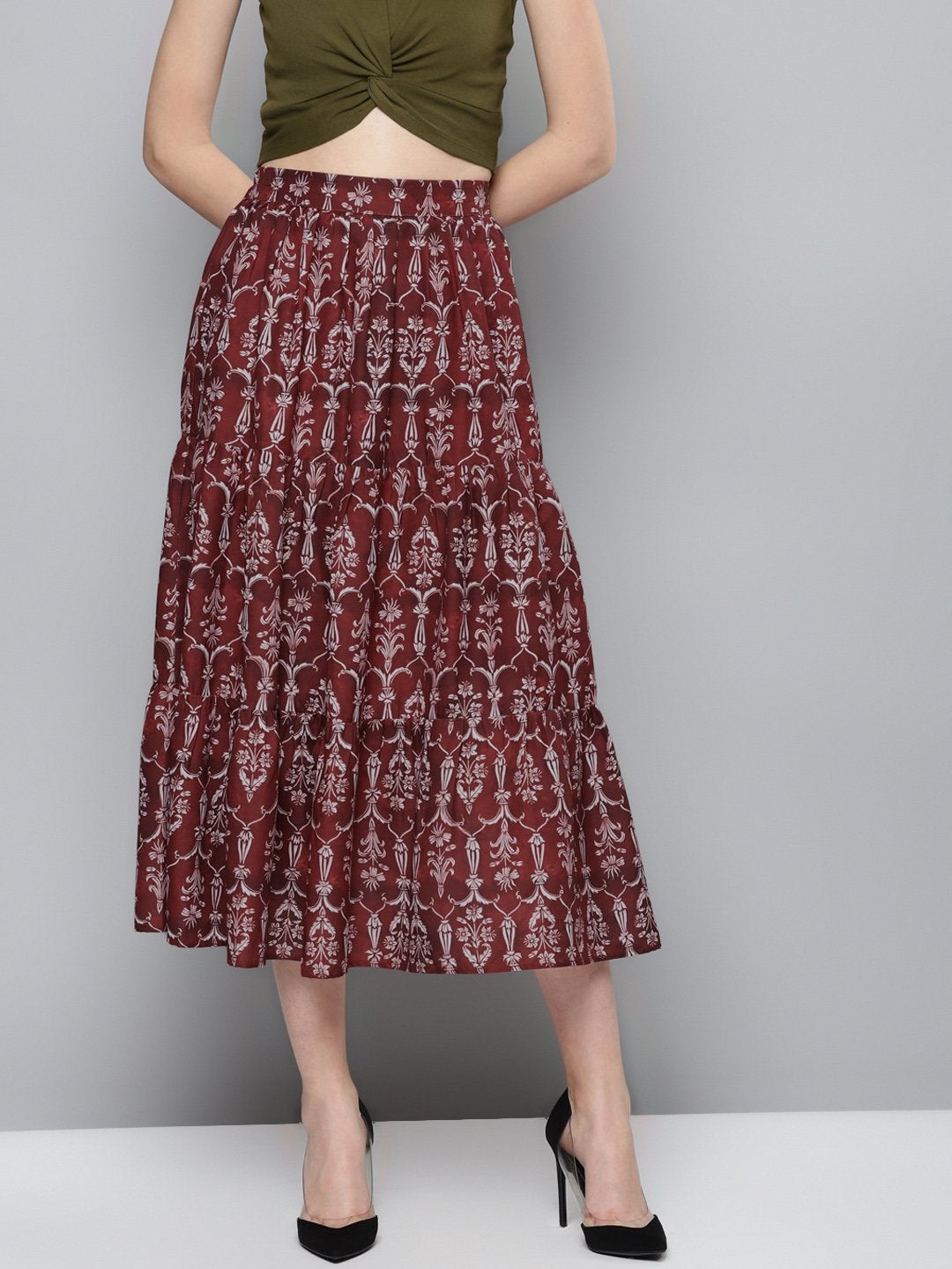 Women's Maroon Floral Tiered Skirt - SASSAFRAS