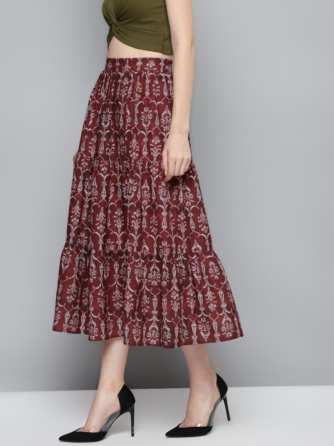 Women's Maroon Floral Tiered Skirt - SASSAFRAS