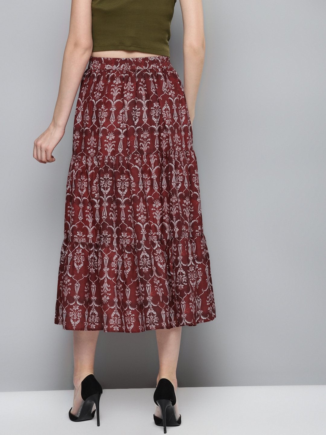 Women's Maroon Floral Tiered Skirt - SASSAFRAS