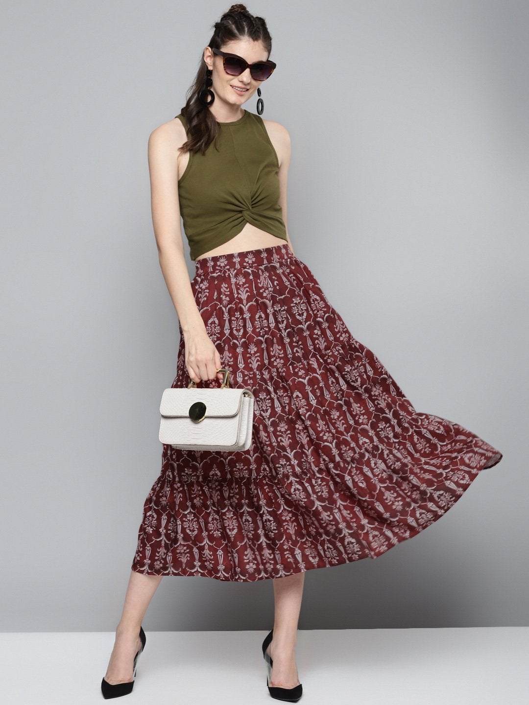 Women's Maroon Floral Tiered Skirt - SASSAFRAS