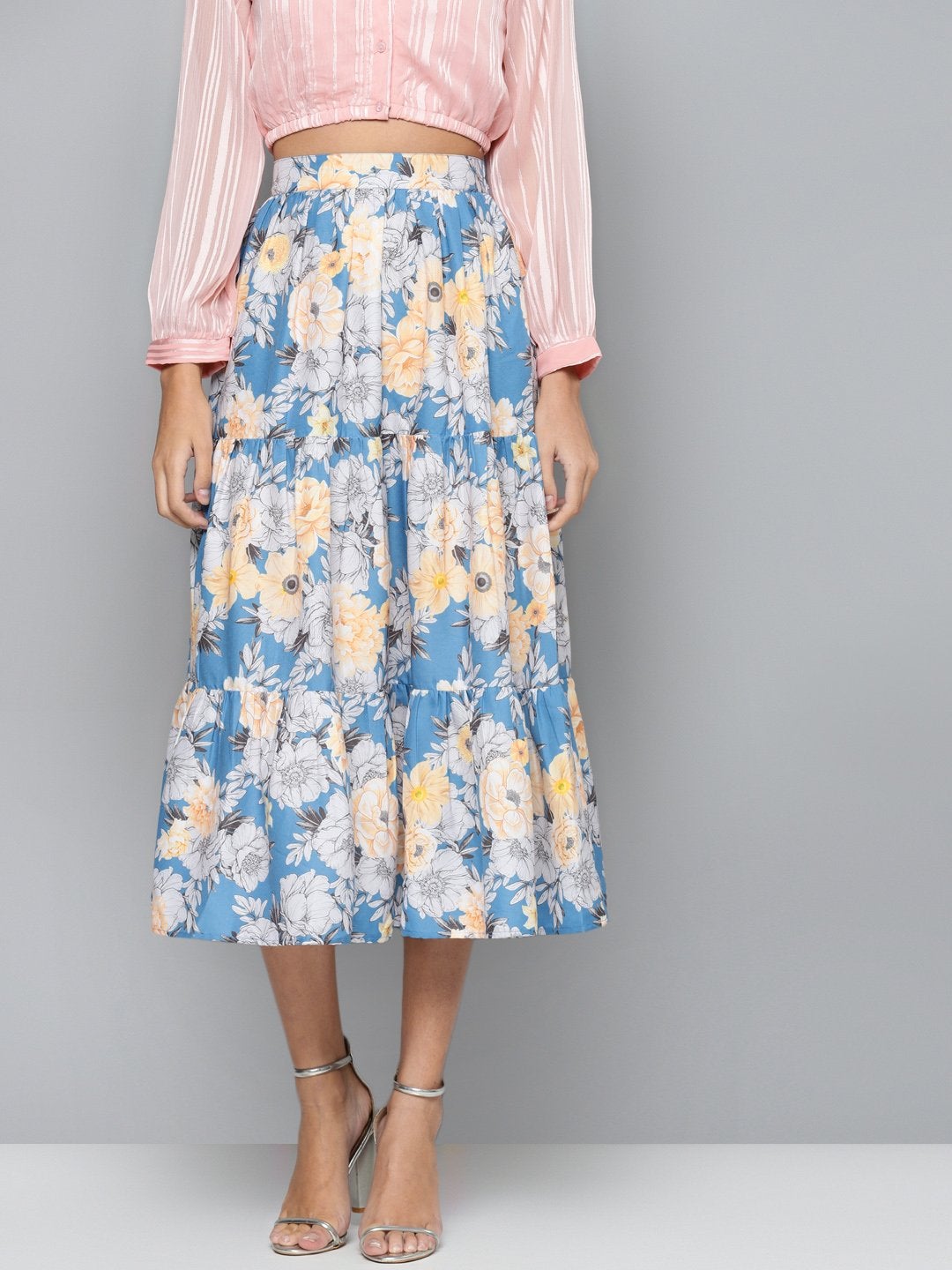 Women's Blue & Yellow Floral Tiered Skirt - SASSAFRAS