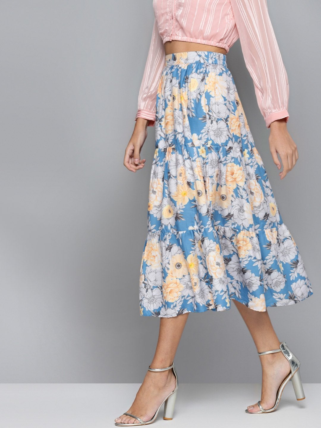 Women's Blue & Yellow Floral Tiered Skirt - SASSAFRAS