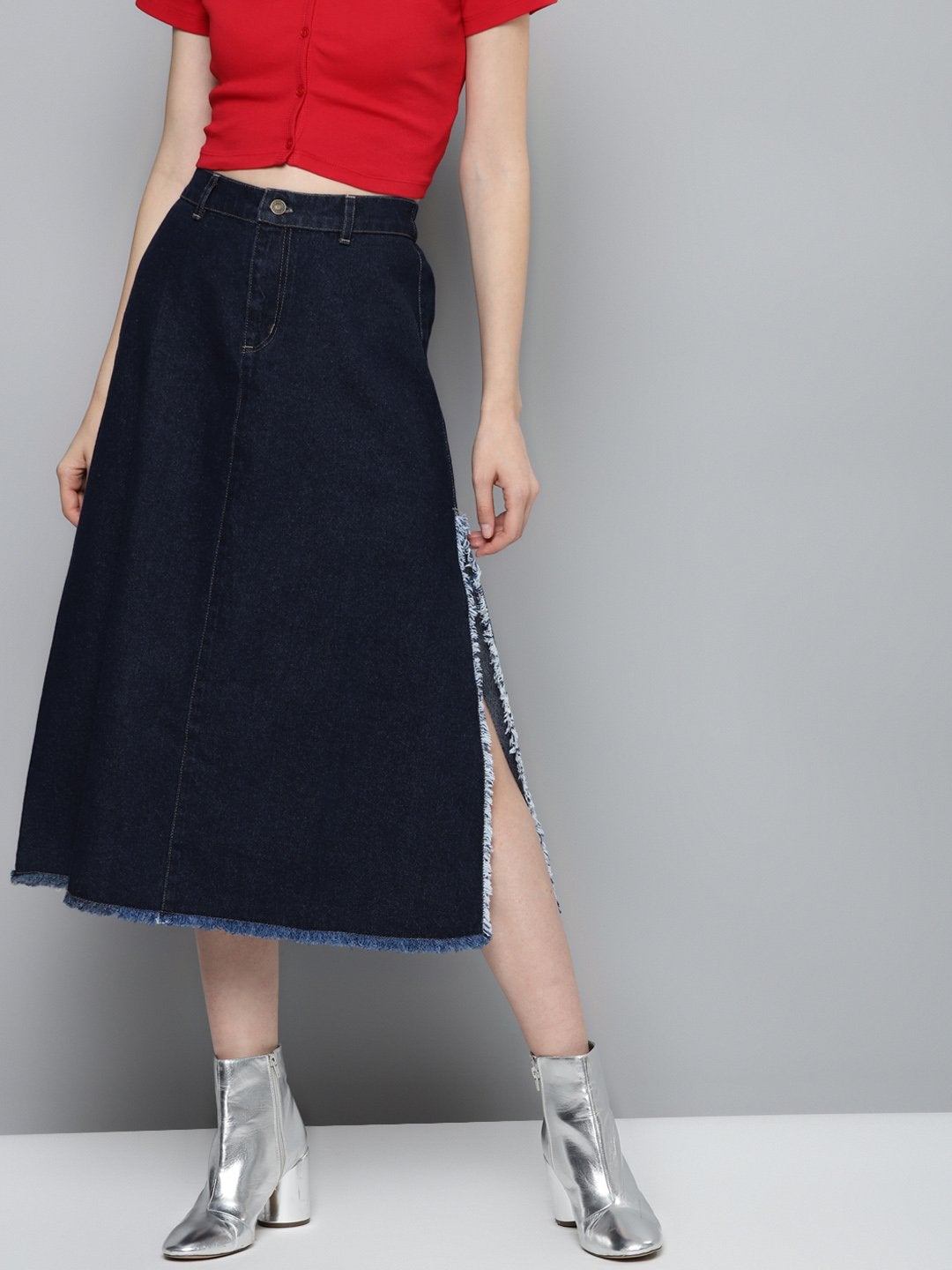 Women's Navy Denim Asymmetrical Skirt - SASSAFRAS