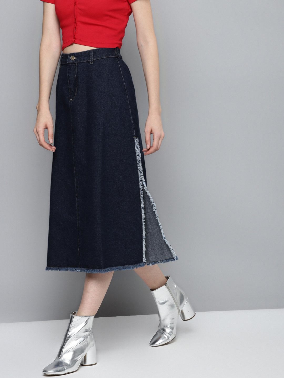 Women's Navy Denim Asymmetrical Skirt - SASSAFRAS