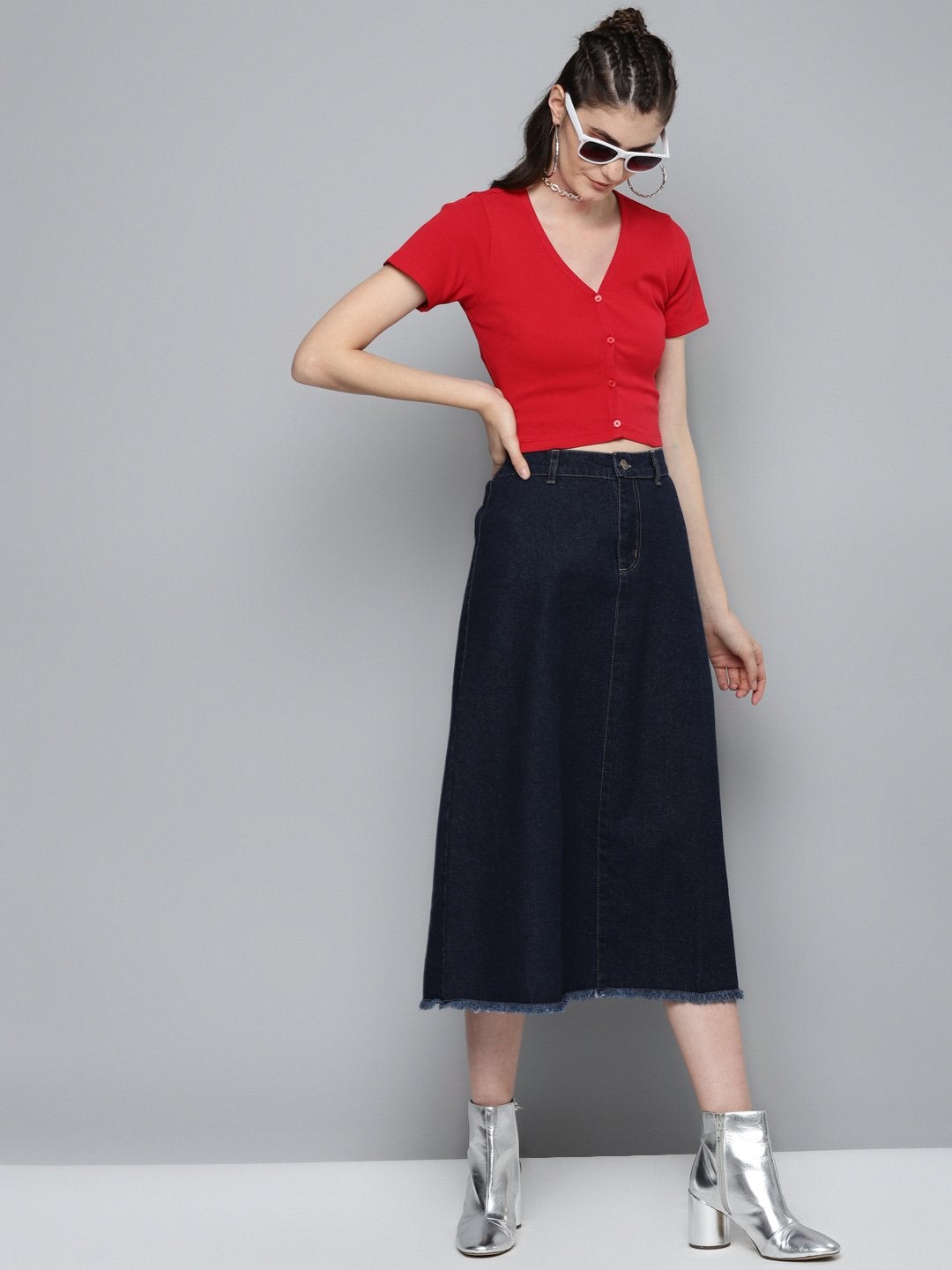 Women's Navy Denim Asymmetrical Skirt - SASSAFRAS