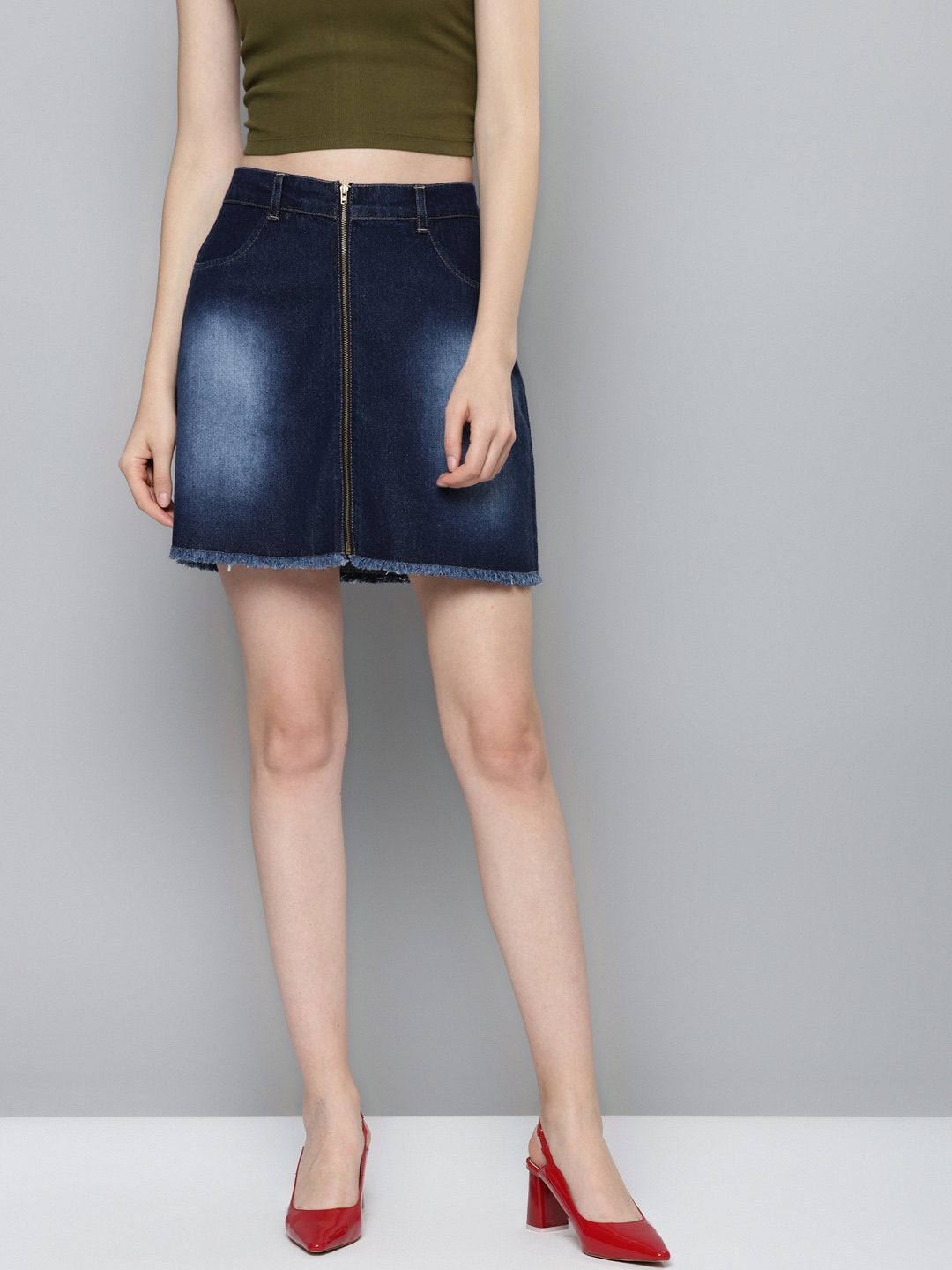 Women's Navy Denim Front Zipper Mini Skirt - SASSAFRAS