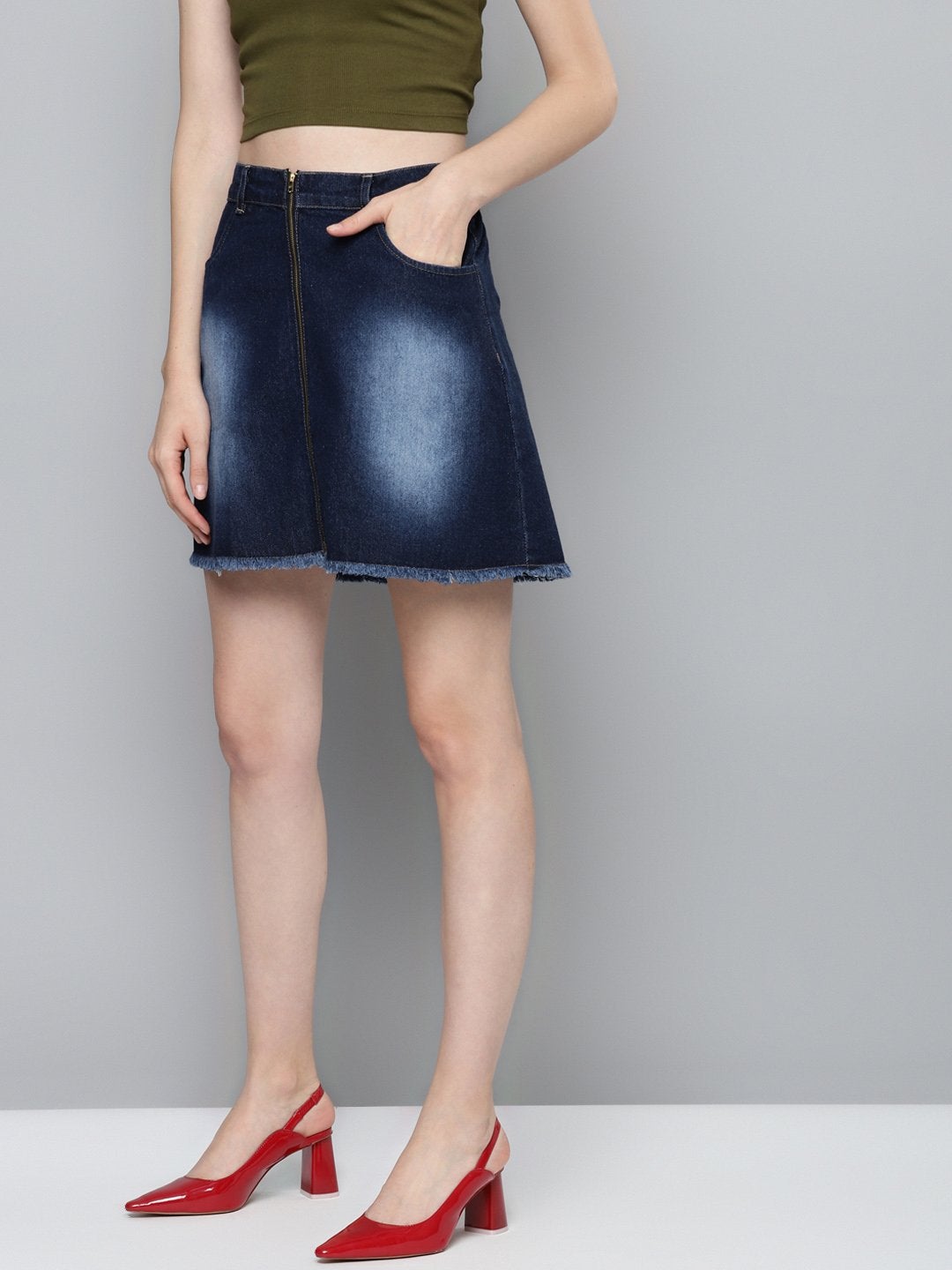 Women's Navy Denim Front Zipper Mini Skirt - SASSAFRAS