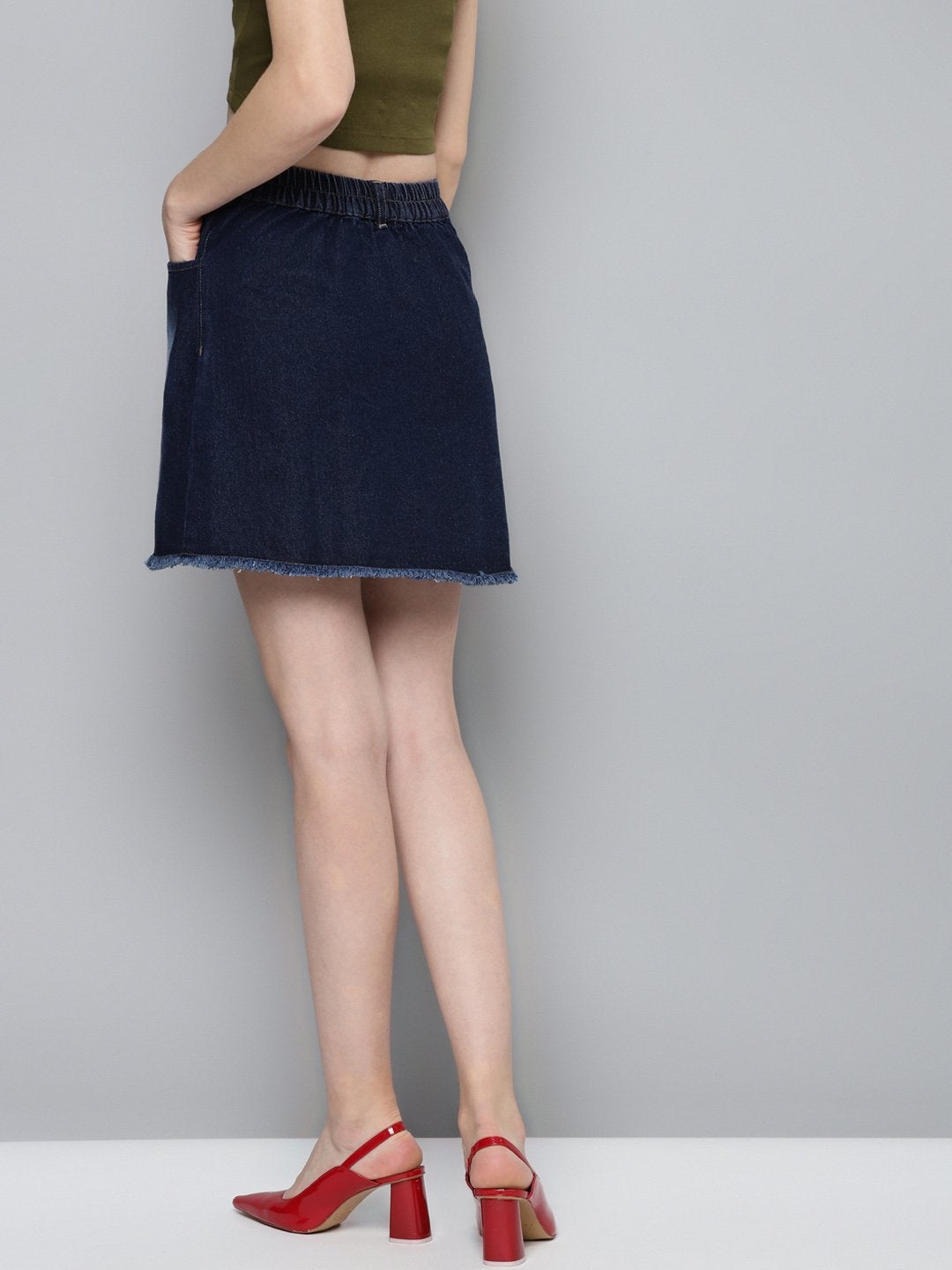 Women's Navy Denim Front Zipper Mini Skirt - SASSAFRAS