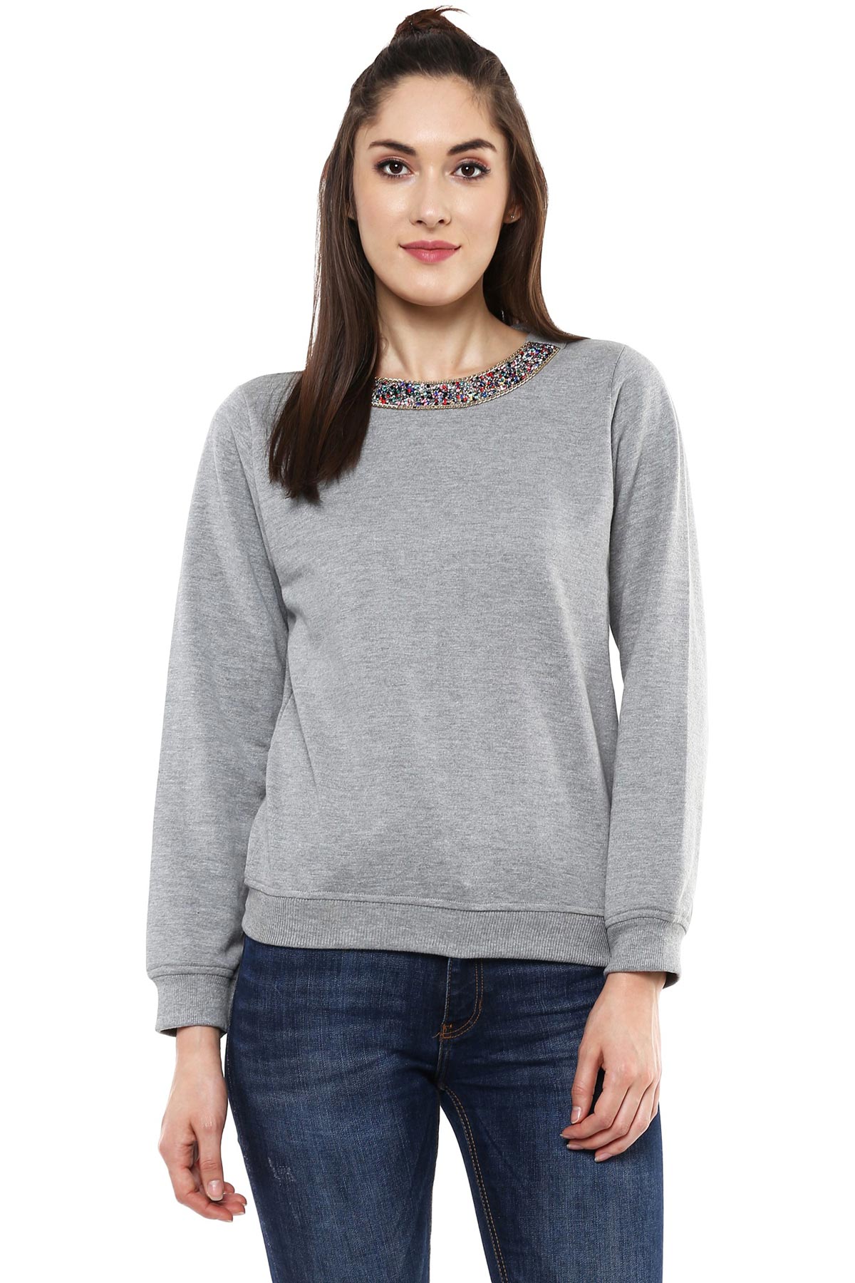 Women's Blingy Neck Grey Melange Sweatshirt - SASSAFRAS