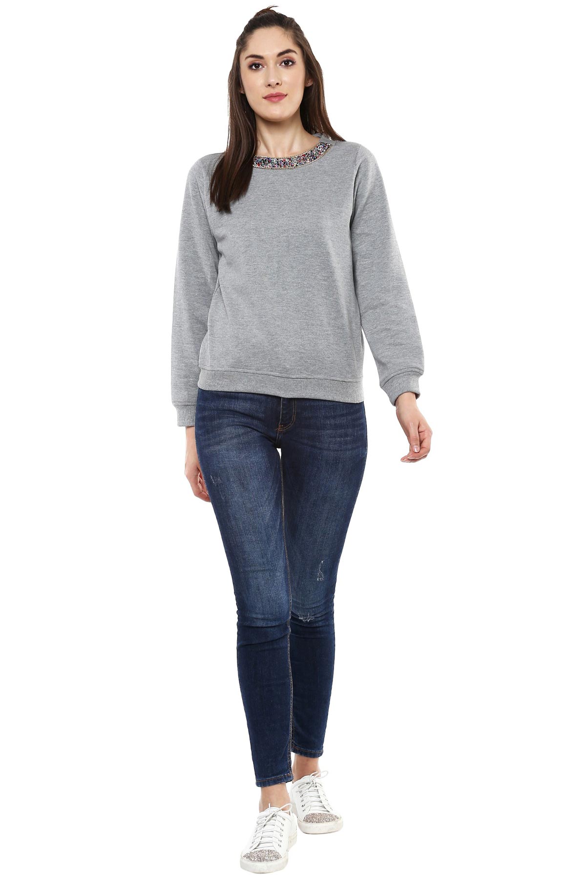 Women's Blingy Neck Grey Melange Sweatshirt - SASSAFRAS