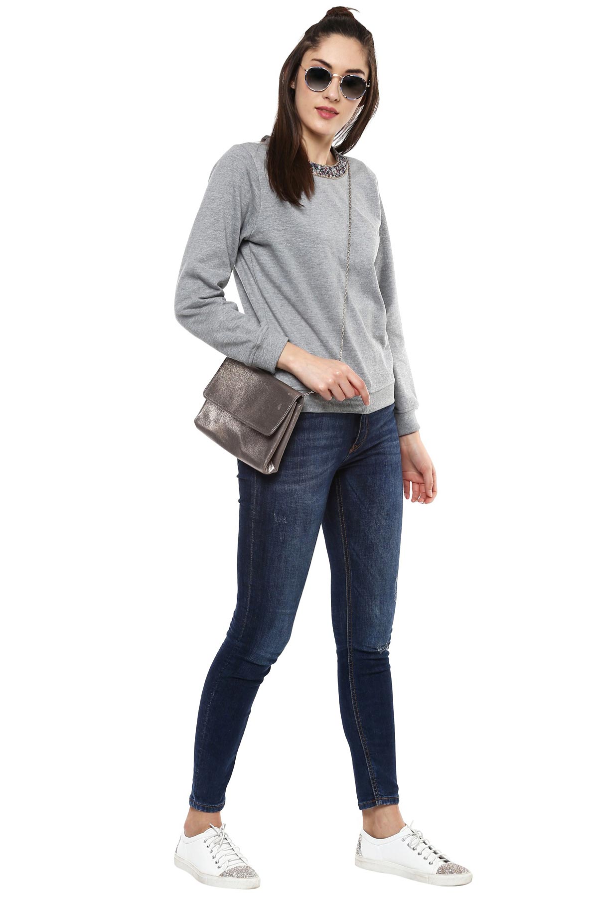 Women's Blingy Neck Grey Melange Sweatshirt - SASSAFRAS