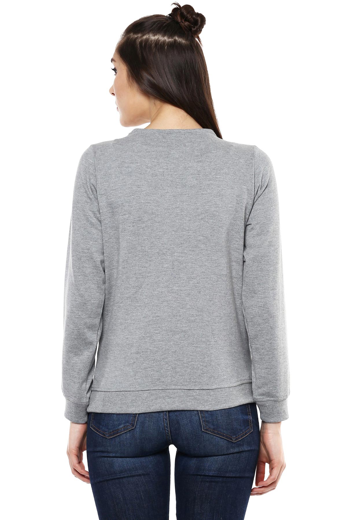 Women's Blingy Neck Grey Melange Sweatshirt - SASSAFRAS