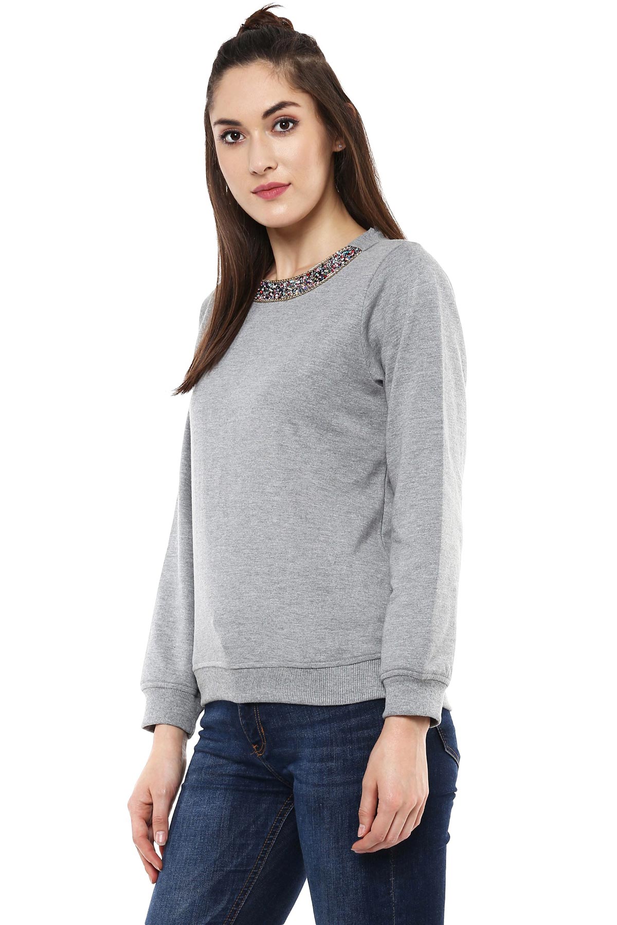 Women's Blingy Neck Grey Melange Sweatshirt - SASSAFRAS