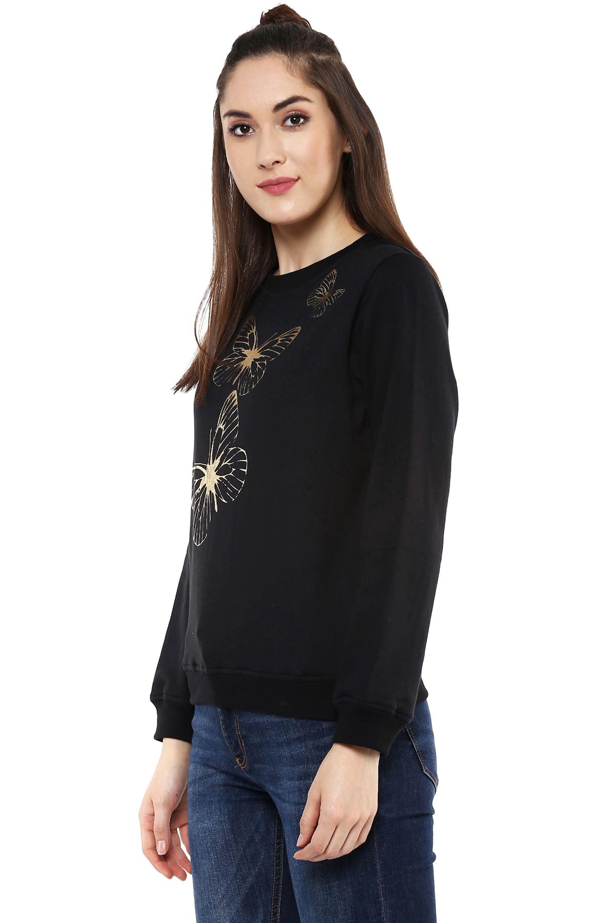 Women's Black Sweatshirt With Foil Print - SASSAFRAS