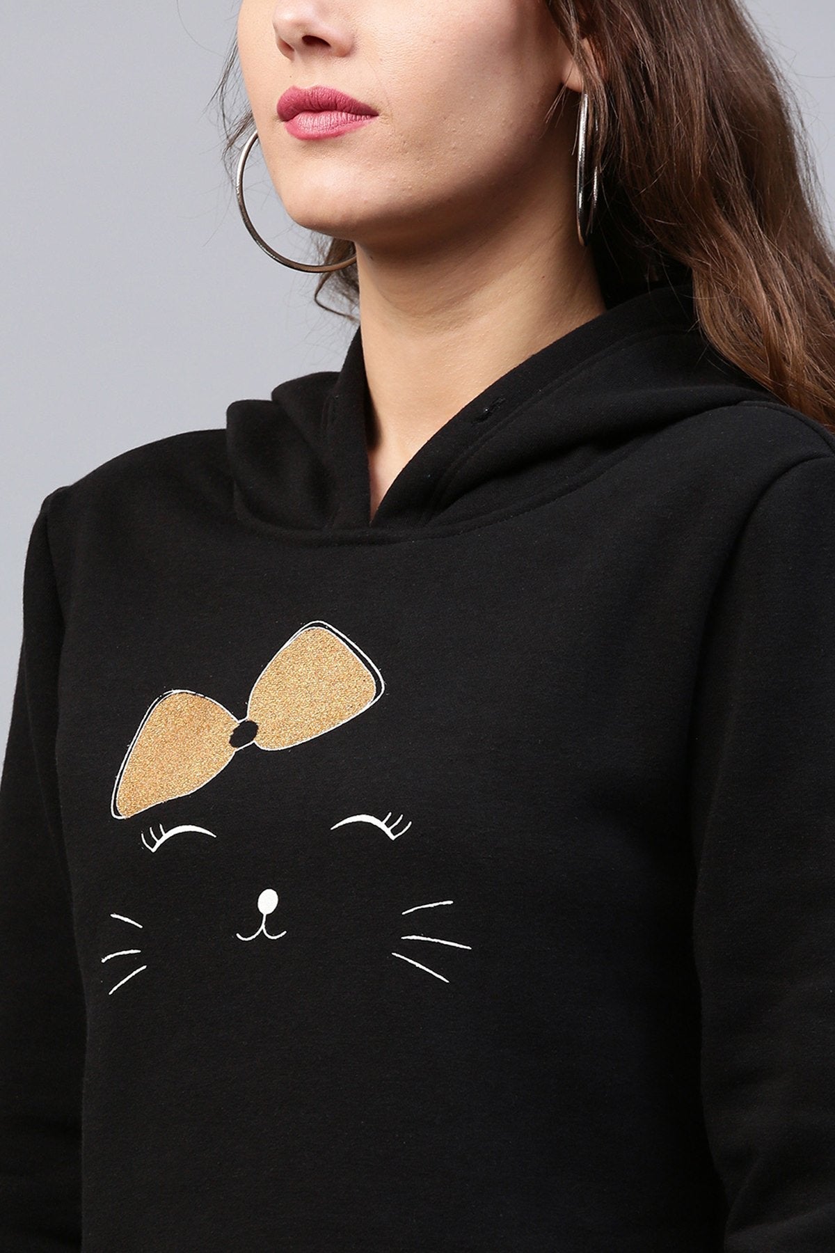 Women's Bow Kitty Black Sweatshirt - SASSAFRAS