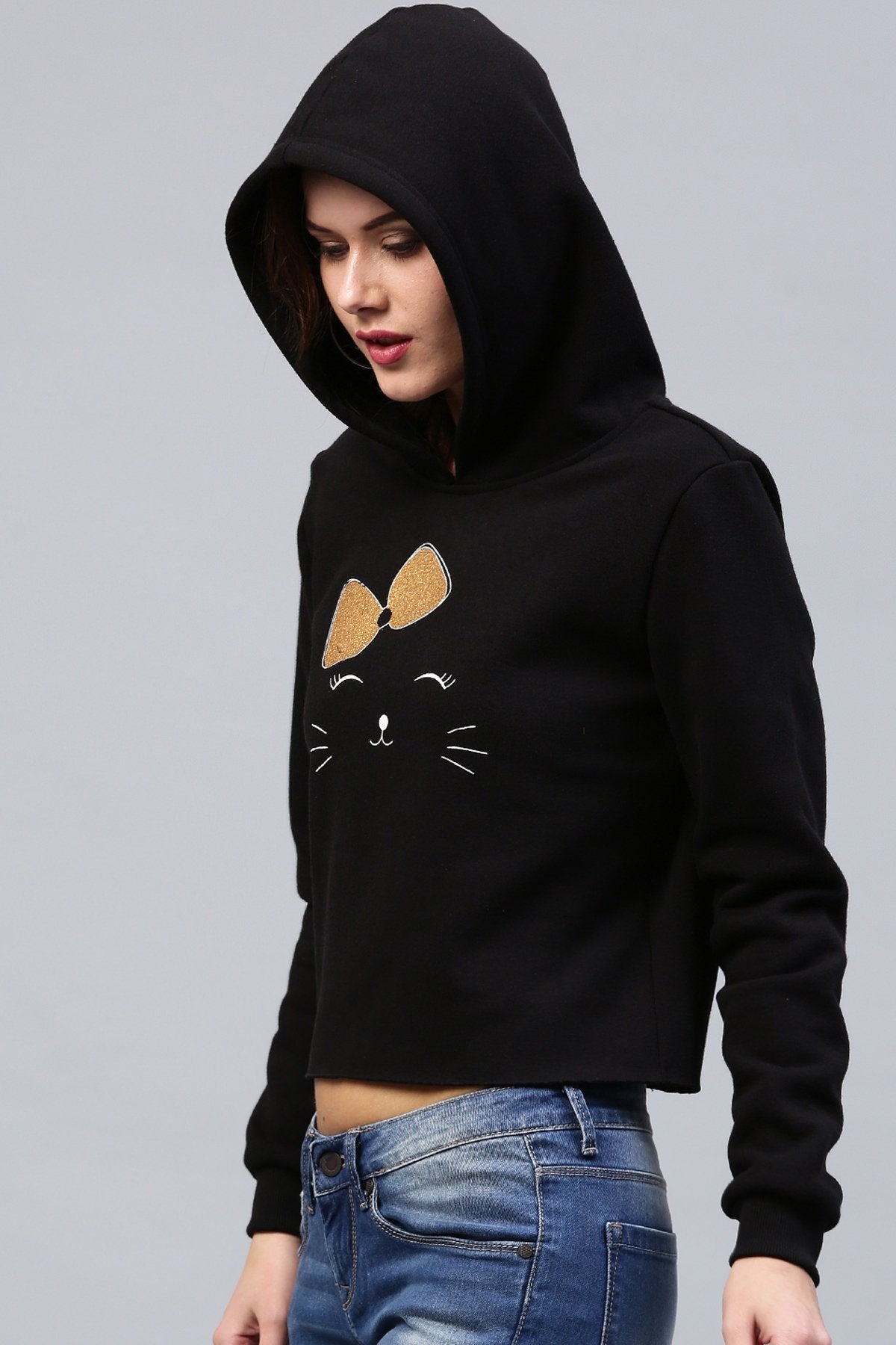 Women's Bow Kitty Black Sweatshirt - SASSAFRAS