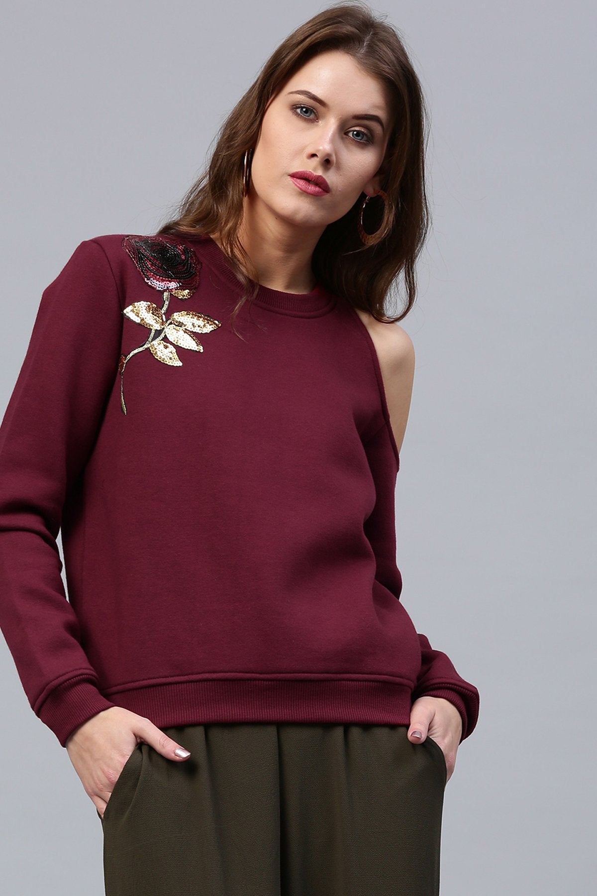 Women's One Cold Shoulder Wine Sweatshirt - SASSAFRAS