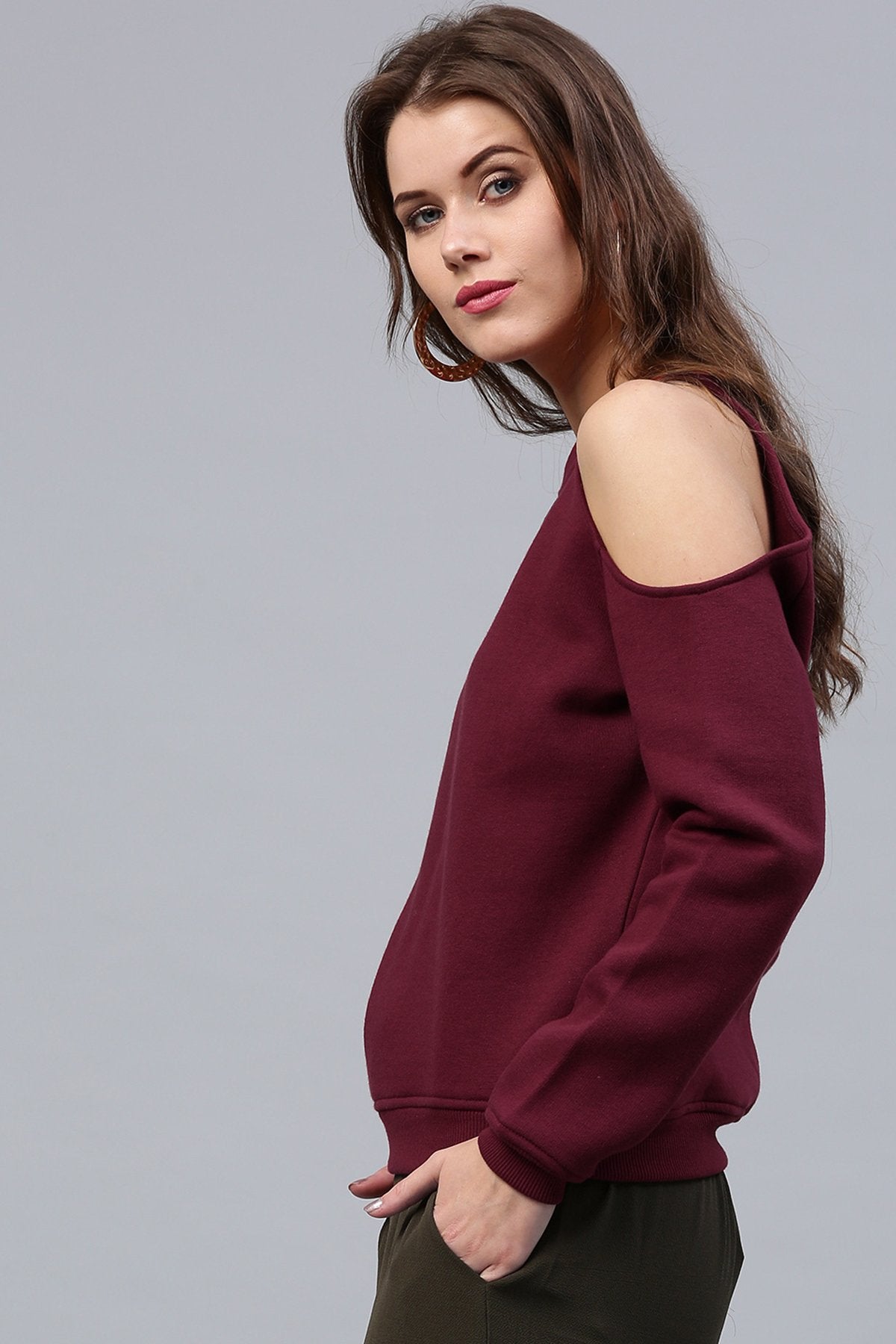 Women's One Cold Shoulder Wine Sweatshirt - SASSAFRAS