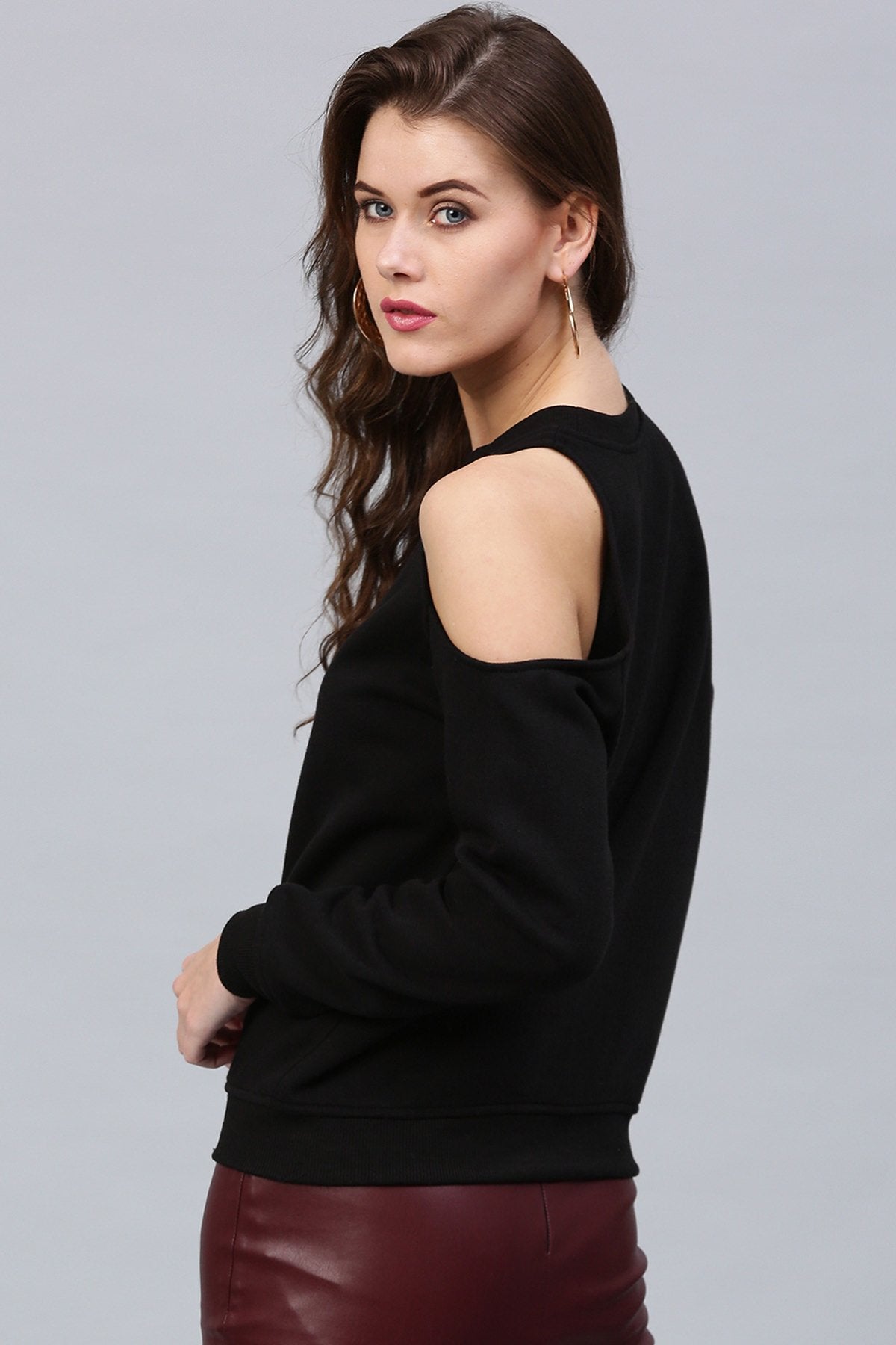 Women's One Cold Shoulder Black Sweatshirt - SASSAFRAS